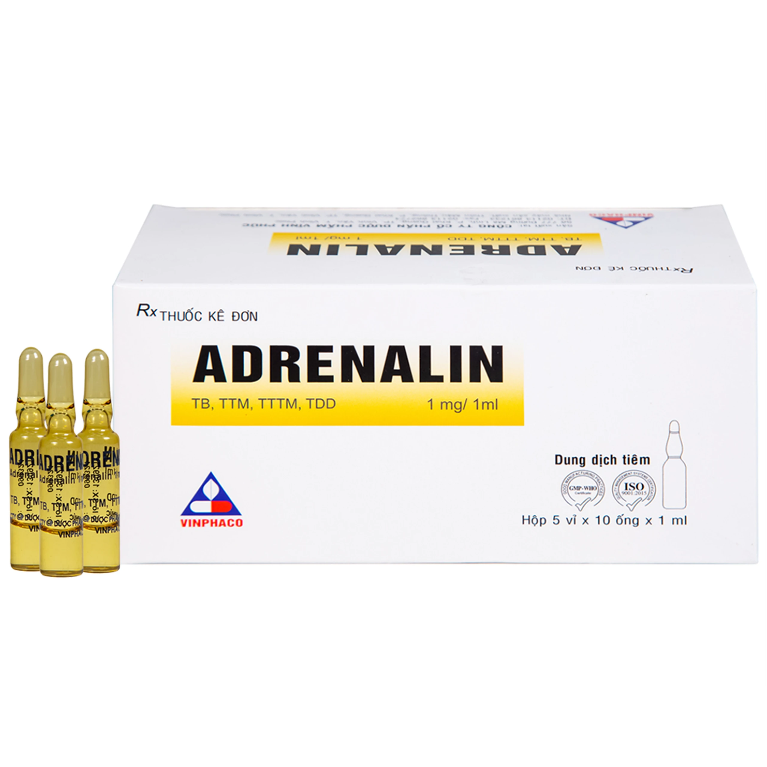 Dung dịch tiêm Adrenalin 1mg/1ml hồi sức tim phổi, cấp cứu choáng phản vệ (5 vỉ x 10 ống) 1