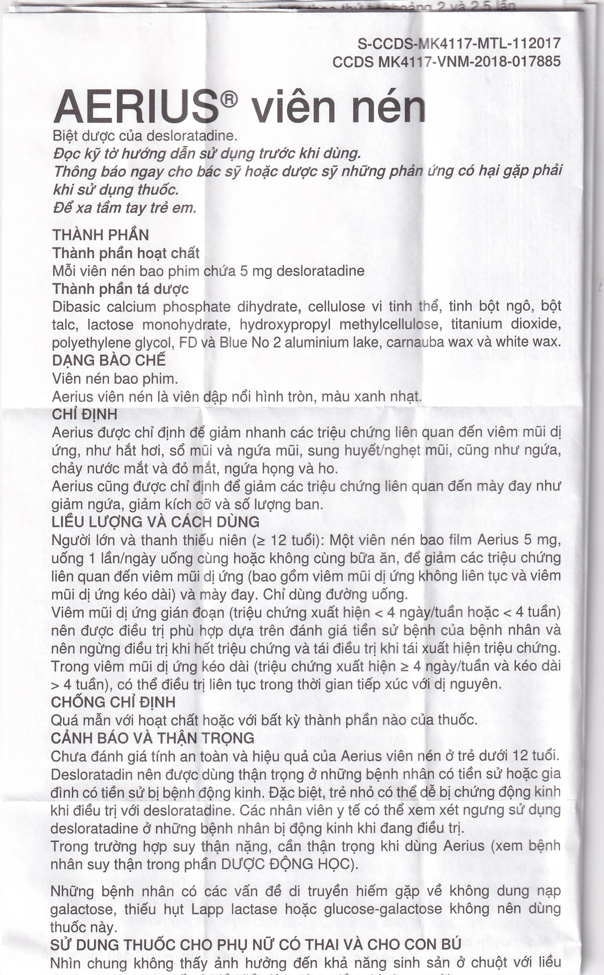 Thuốc Aerius 5mg MSD giảm nhanh các triệu chứng viêm mũi dị ứng, mày đay (1 vỉ x 10 viên)