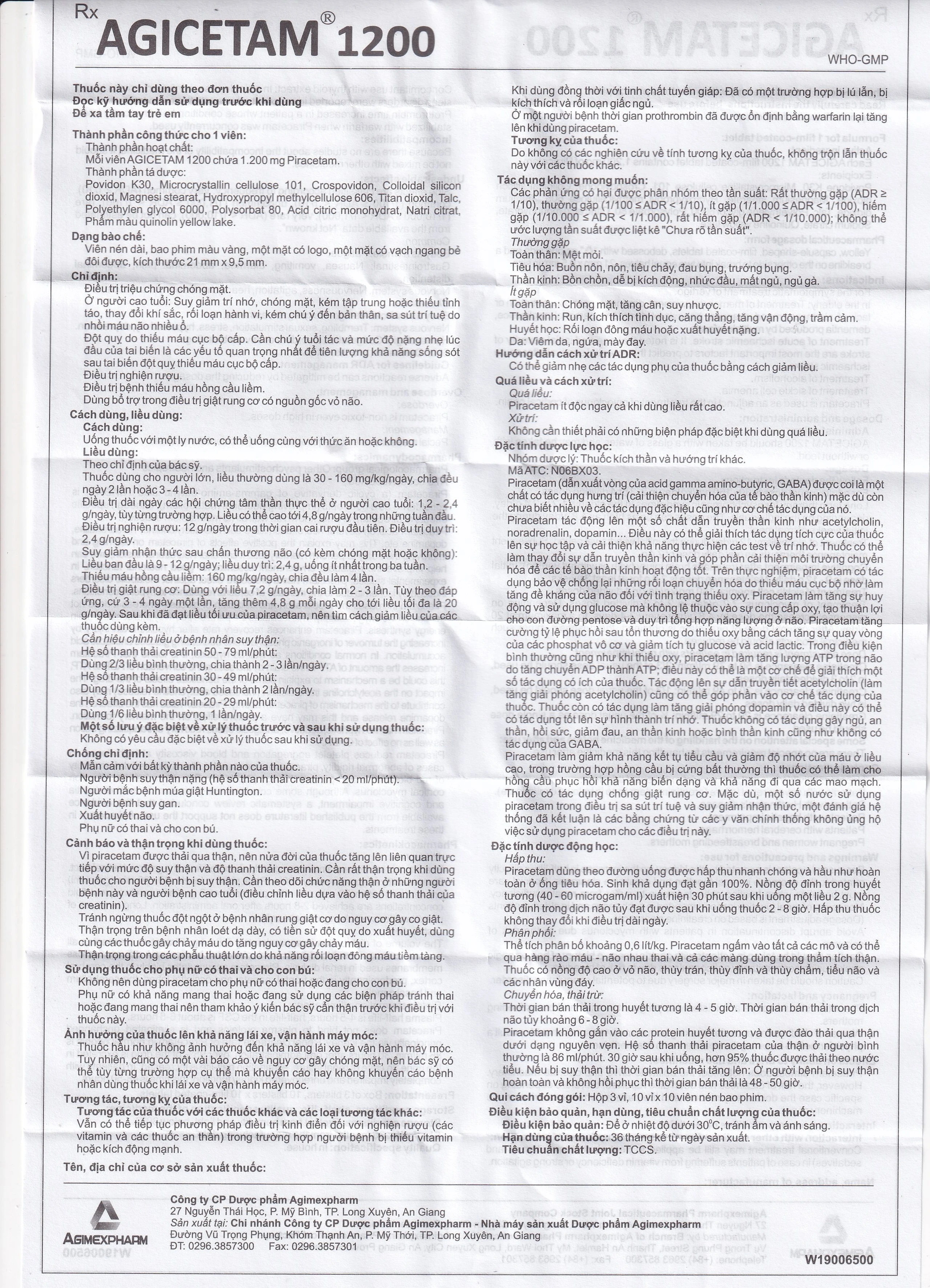 Thuốc Agicetam 1200 Agimexpharm điều trị chóng mặt, suy giảm trí nhớ, đột quỵ do thiếu máu cục bộ cấp (3 vỉ x 10 viên)