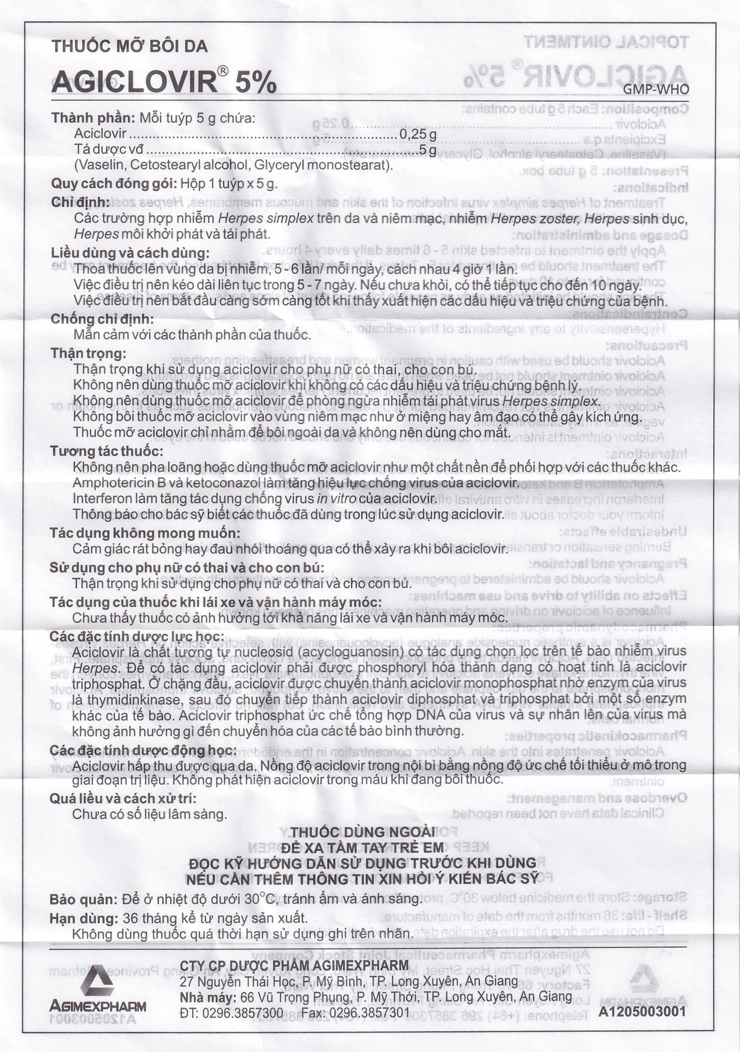 Thuốc mỡ bôi da Agiclovir 5% Agimexpharm điều trị nhiễm Herpes simplex, Herpes zoster, Herpes sinh dục (5g)