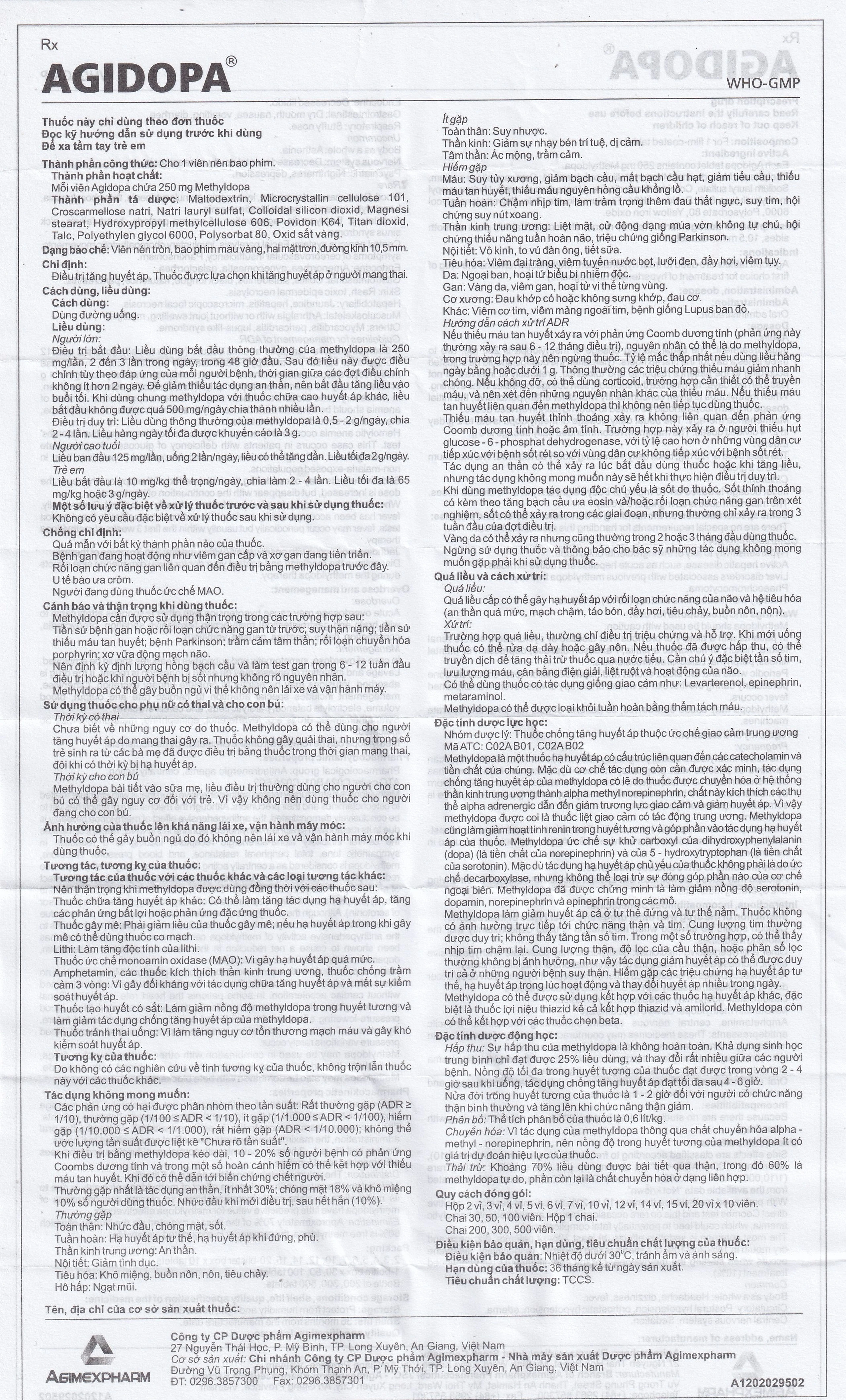Thuốc Agidopa 250mg Agimexpharm điều trị tăng huyết áp (10 vỉ x 10 viên)
