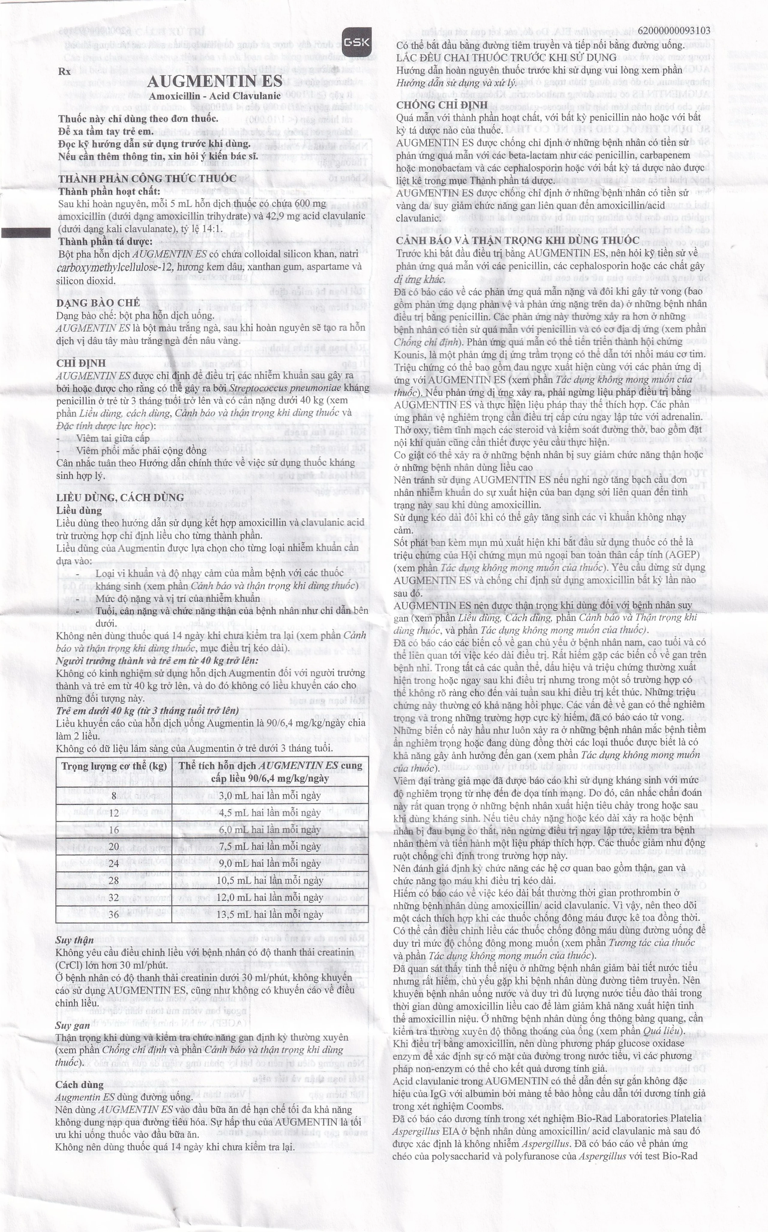 Bột pha hỗn dịch uống Augmentin ES GSK điều trị các nhiễm trùng do vi khuẩn gây ra ở trẻ (100ml)