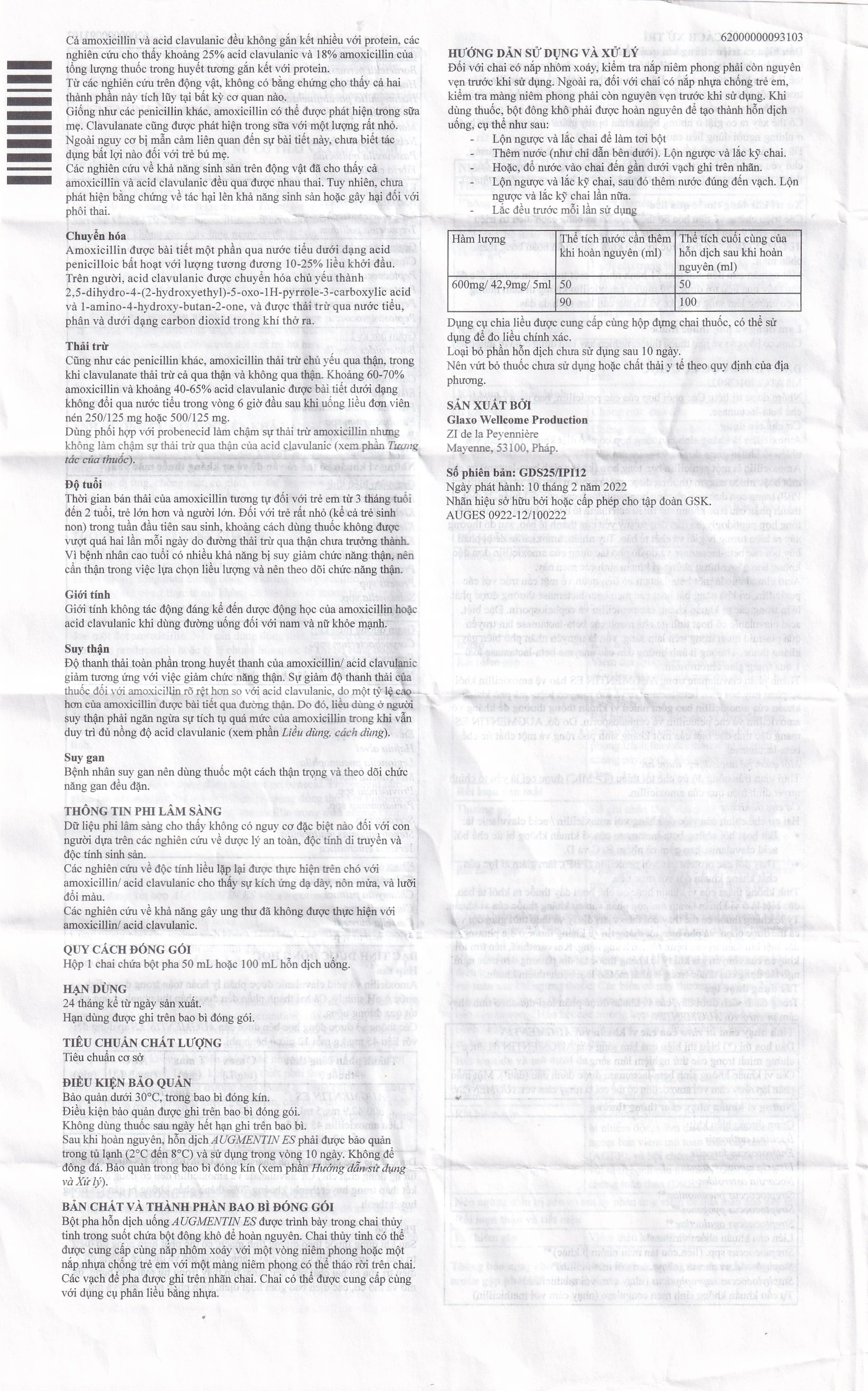 Bột pha hỗn dịch uống Augmentin ES GSK điều trị các nhiễm trùng do vi khuẩn gây ra ở trẻ (100ml)