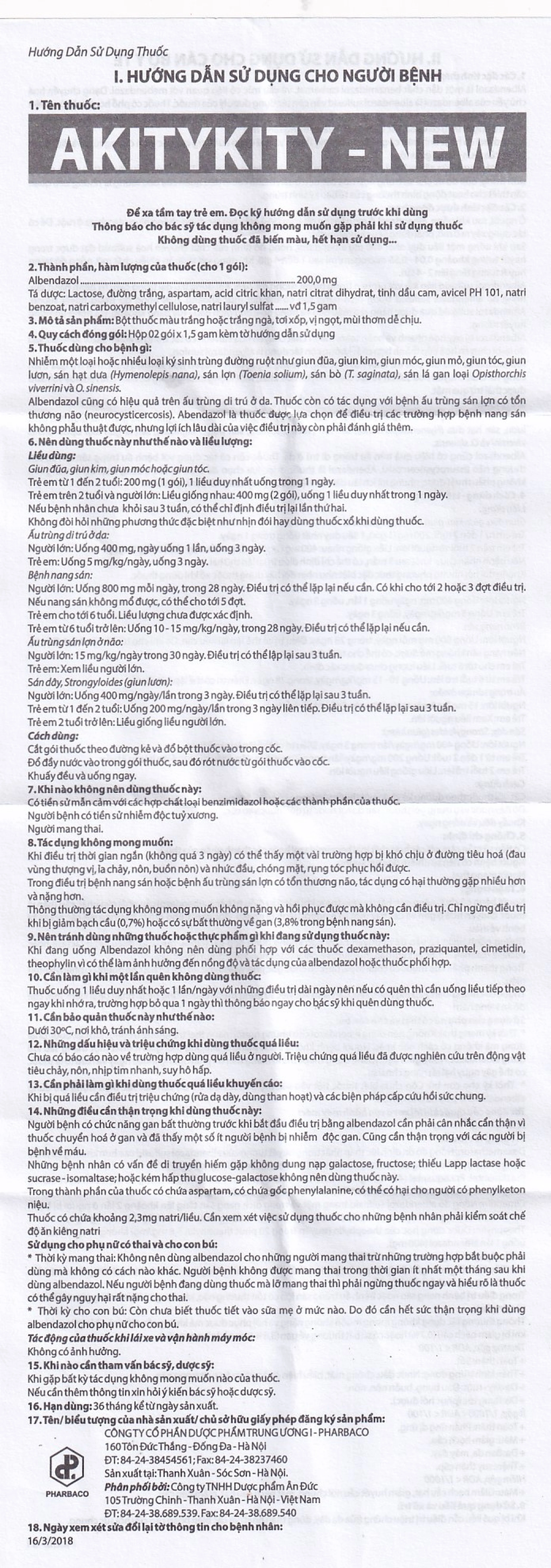 Hỗn dịch uống Akitykity-New 200mg Pharbaco vị ngọt hương cam diệt các loại giun sán, ấu trùng và trứng (2 gói x 1.5g)