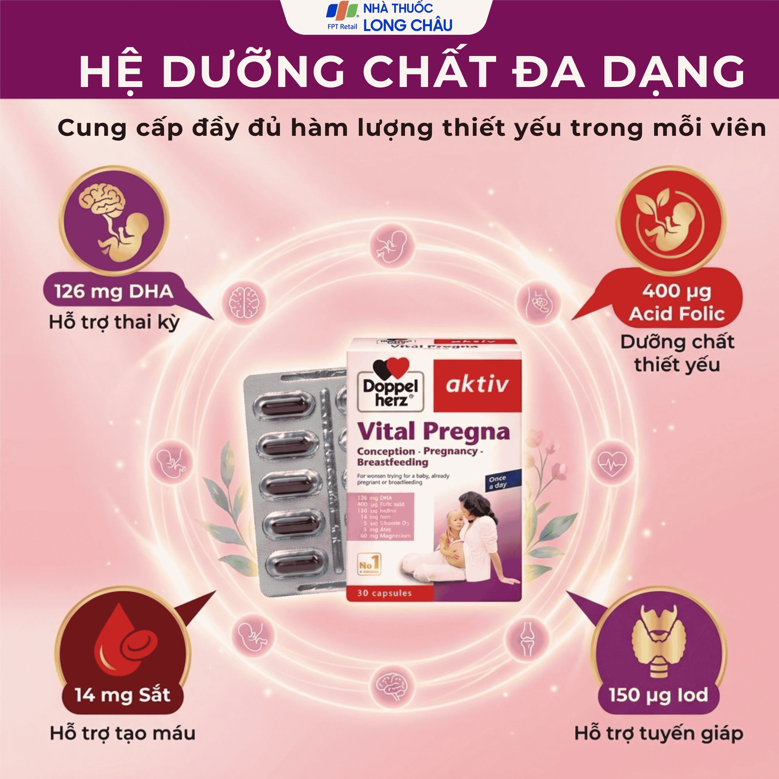 Viên uống bổ sung vitamin và khoáng chất cho phụ nữ mang thai Doppelherz Aktiv Vital Pregna (Hộp 30 viên) 5