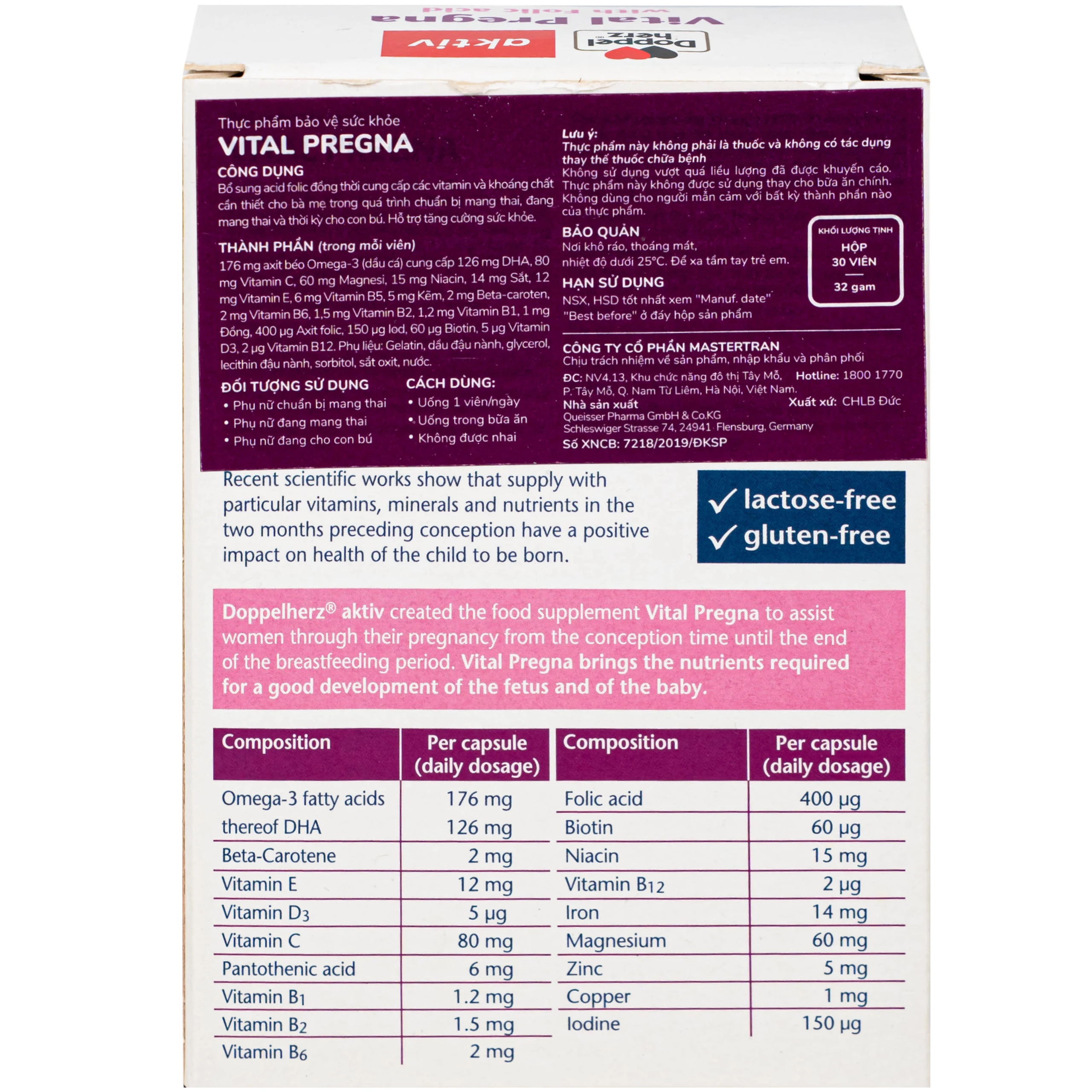 Viên uống bổ sung vitamin và khoáng chất cho phụ nữ mang thai Doppelherz Aktiv Vital Pregna (Hộp 30 viên)