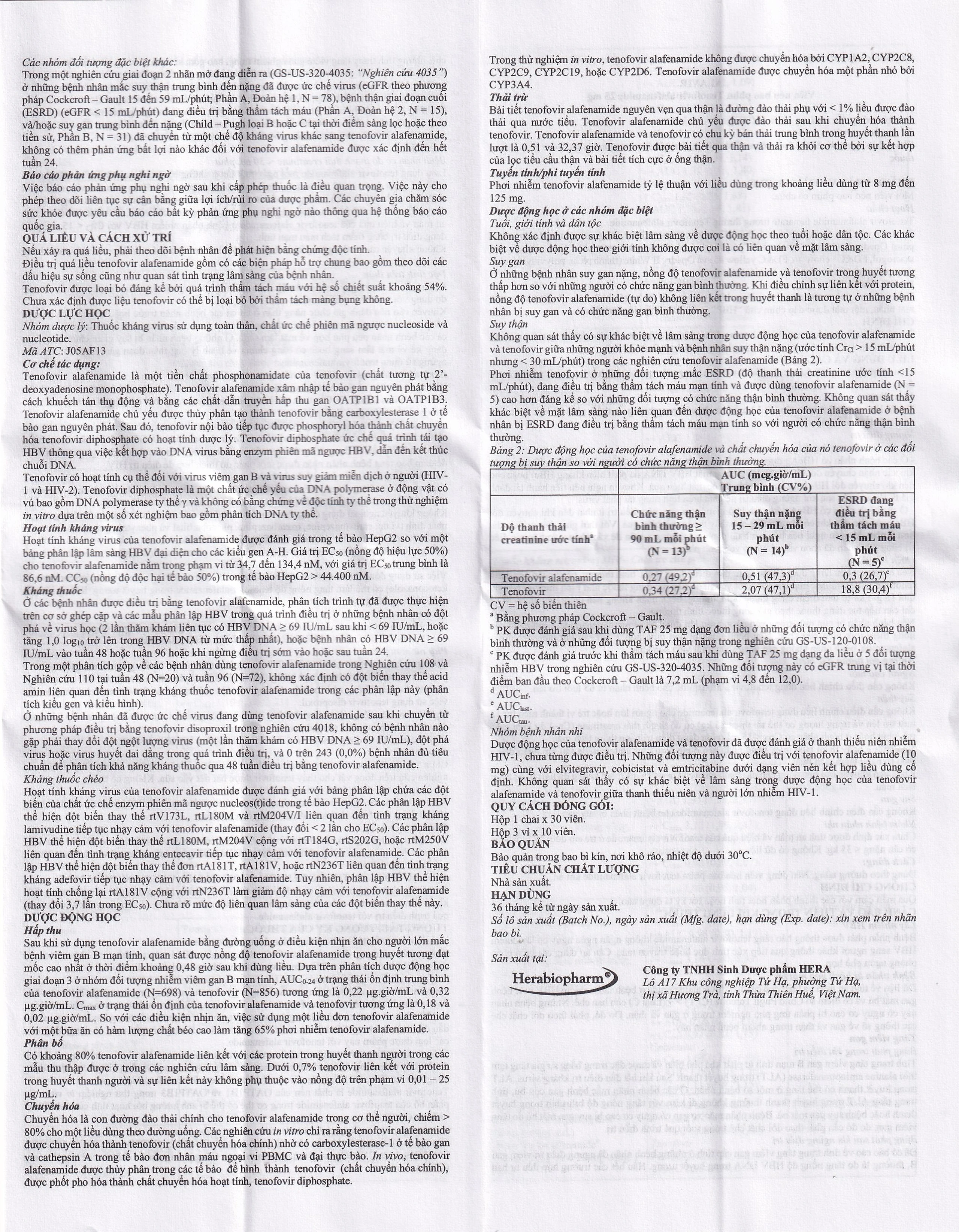 Thuốc Alavir Tenofovir alafenamide (Fumarate) 25mg Herabiopharm điều trị bệnh viêm gan B mạn tính (30 vỉ x 10 viên)