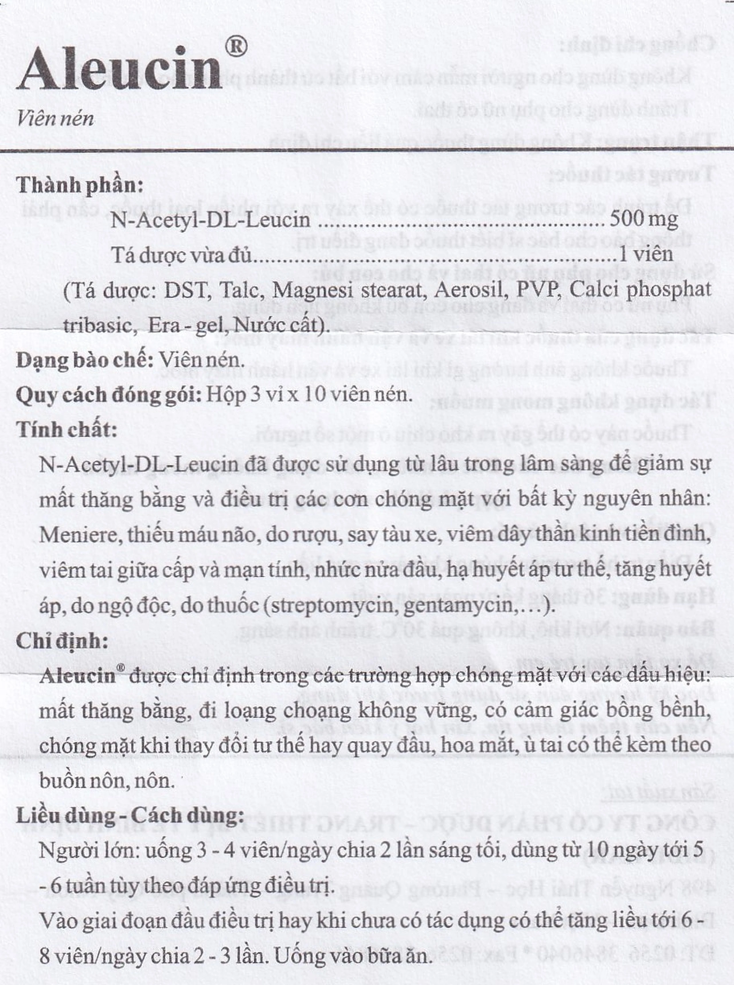 Thuốc Aleucin 500mg Bidiphar điều trị các cơn chóng mặt (3 vỉ x 10 viên)