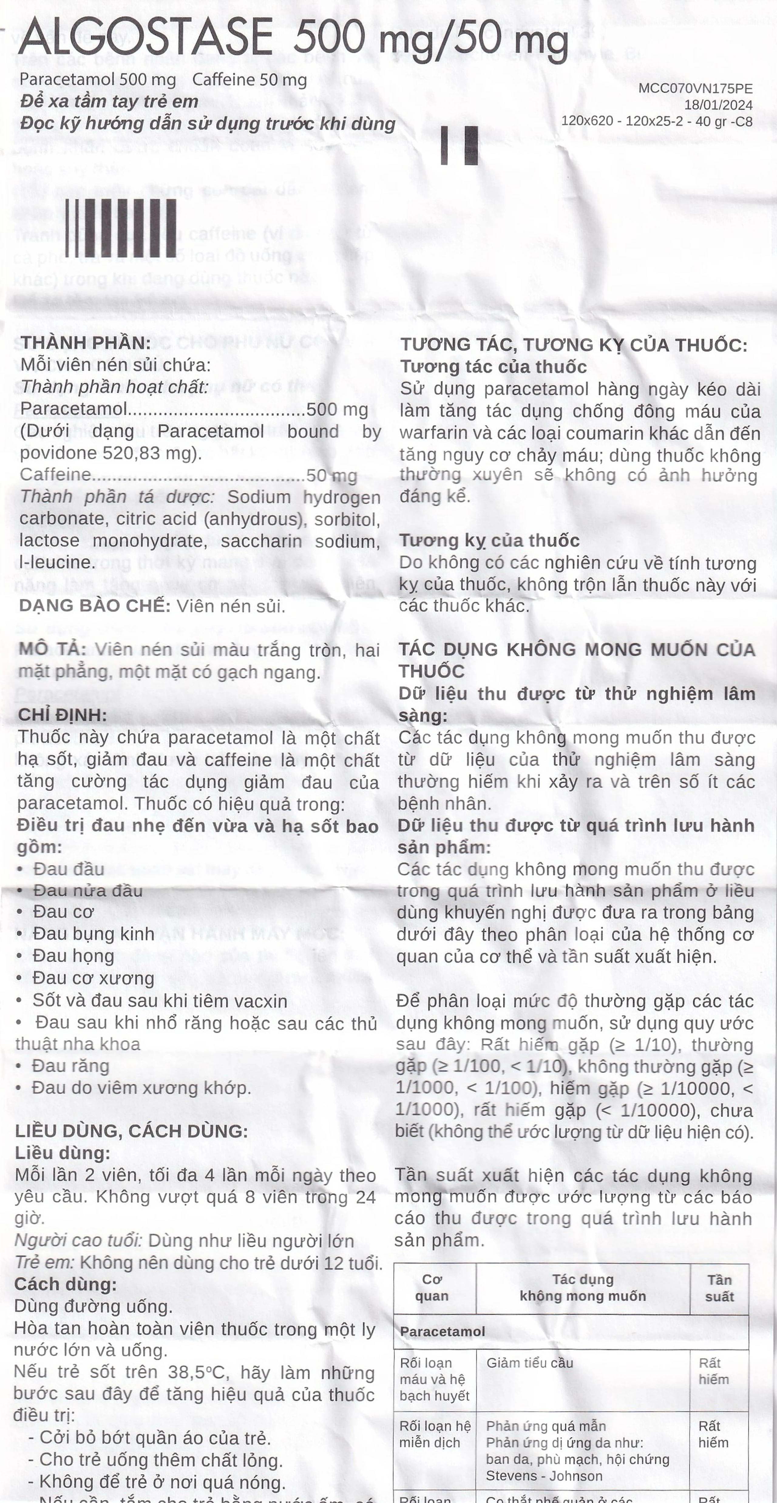 Thuốc Algostase 500mg/50mg SMB điều trị đau nhẹ đến vừa và hạ sốt (16 viên)