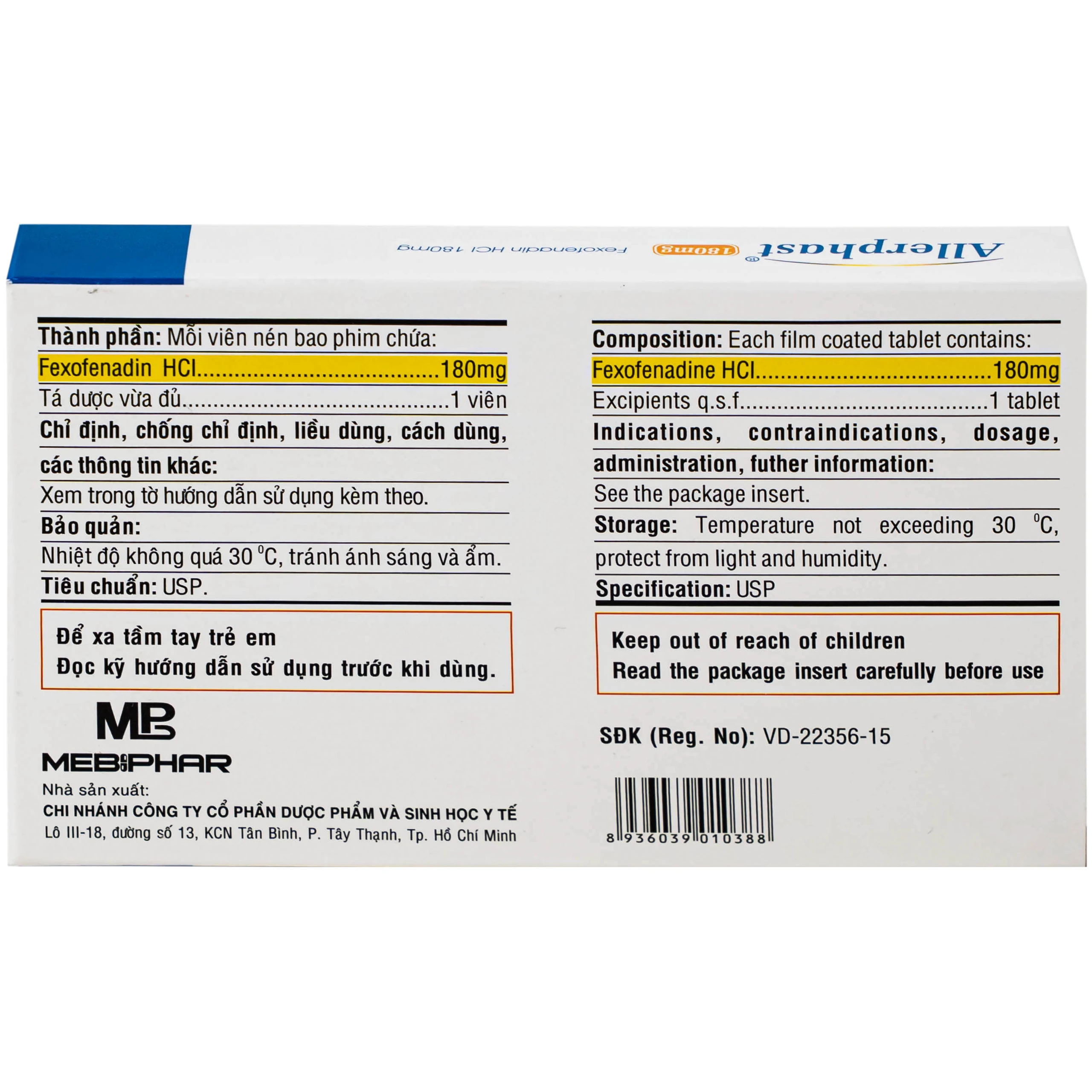 Thuốc Allerphast 180mg Mebiphar điều trị viêm mũi dị ứng theo mùa, mày đay mạn tính vô căn (1 vỉ x 10 viên)