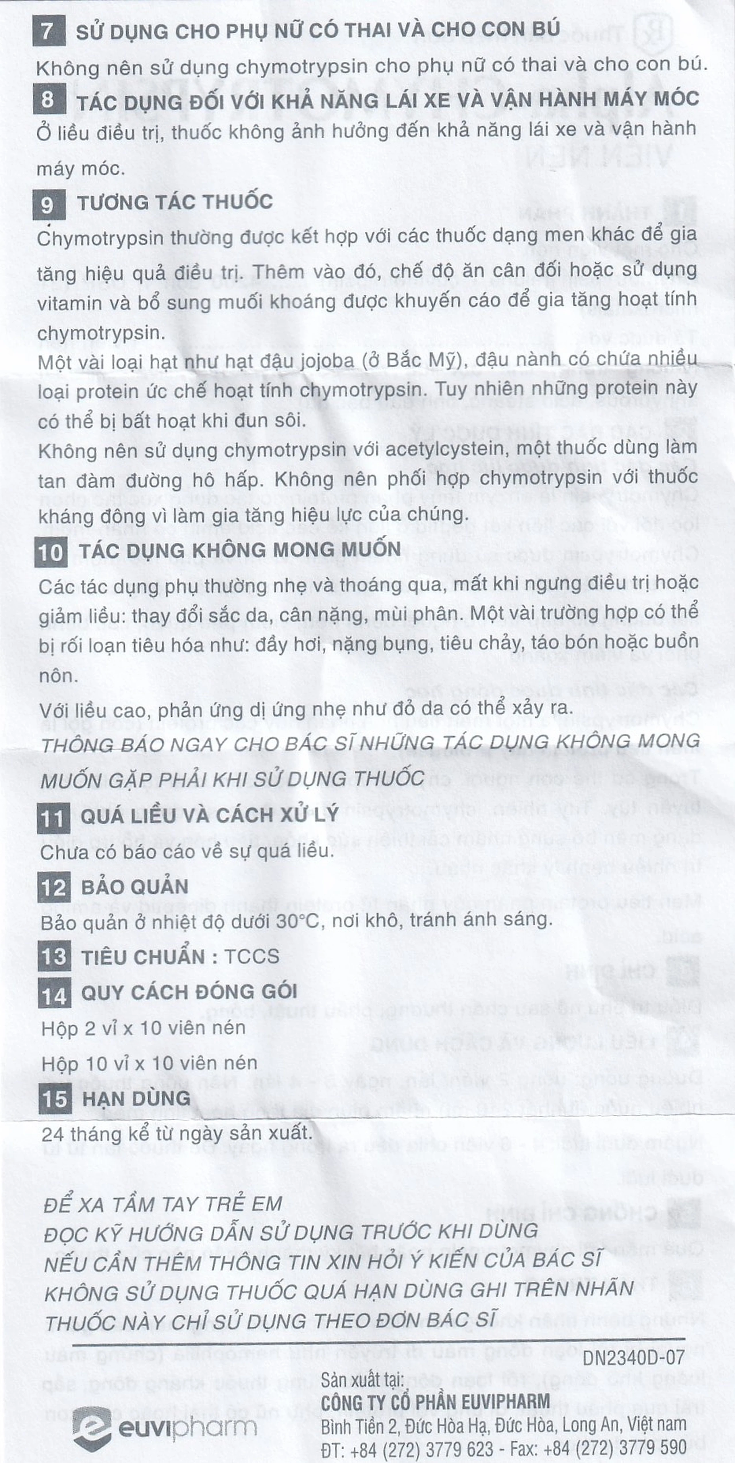 Thuốc Alpha-Chymotrypsin Euvipharm điều trị phù nề sau chấn thương, phẩu thuật, bỏng (2 vỉ x 10 viên)