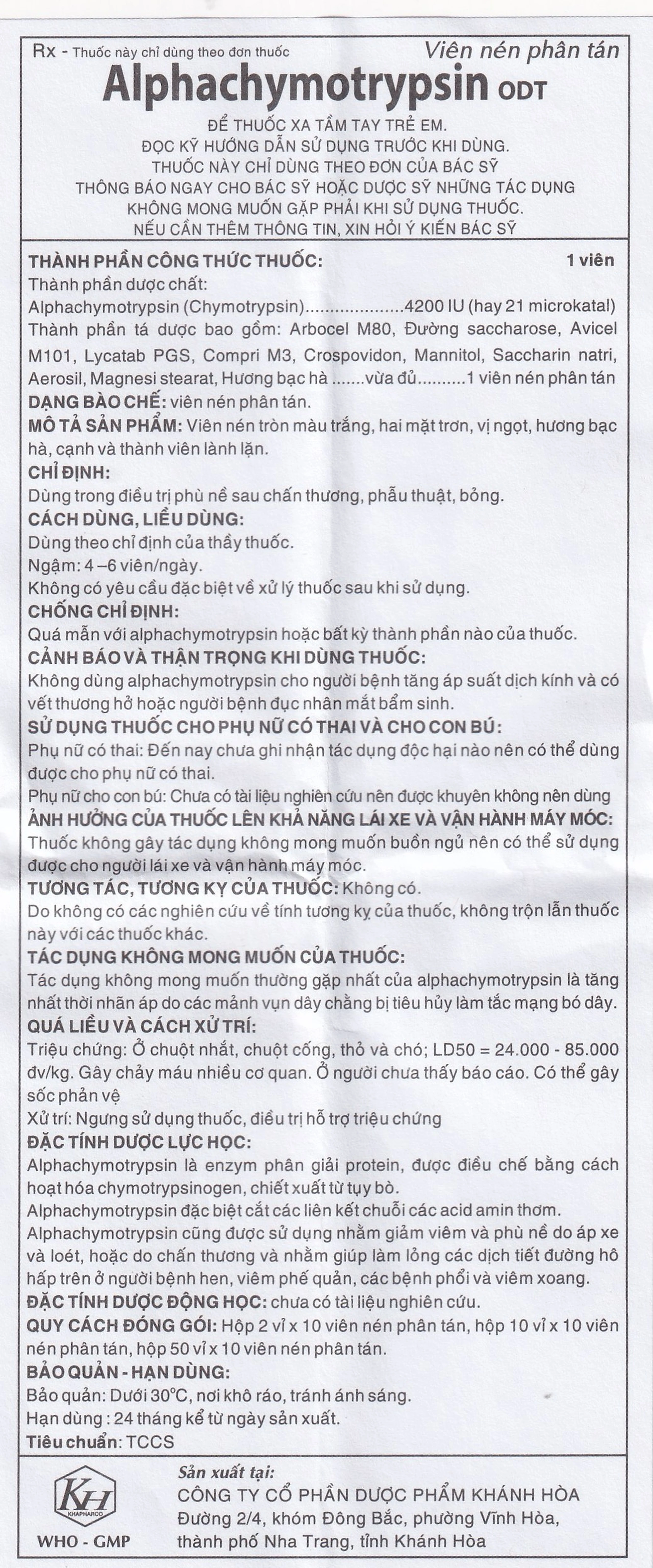 Thuốc Alphachymotrypsin ODT Khánh Hòa điều trị phù nề sau chấn thương, phẫu thuật, bỏng (2 vỉ x 10 viên)