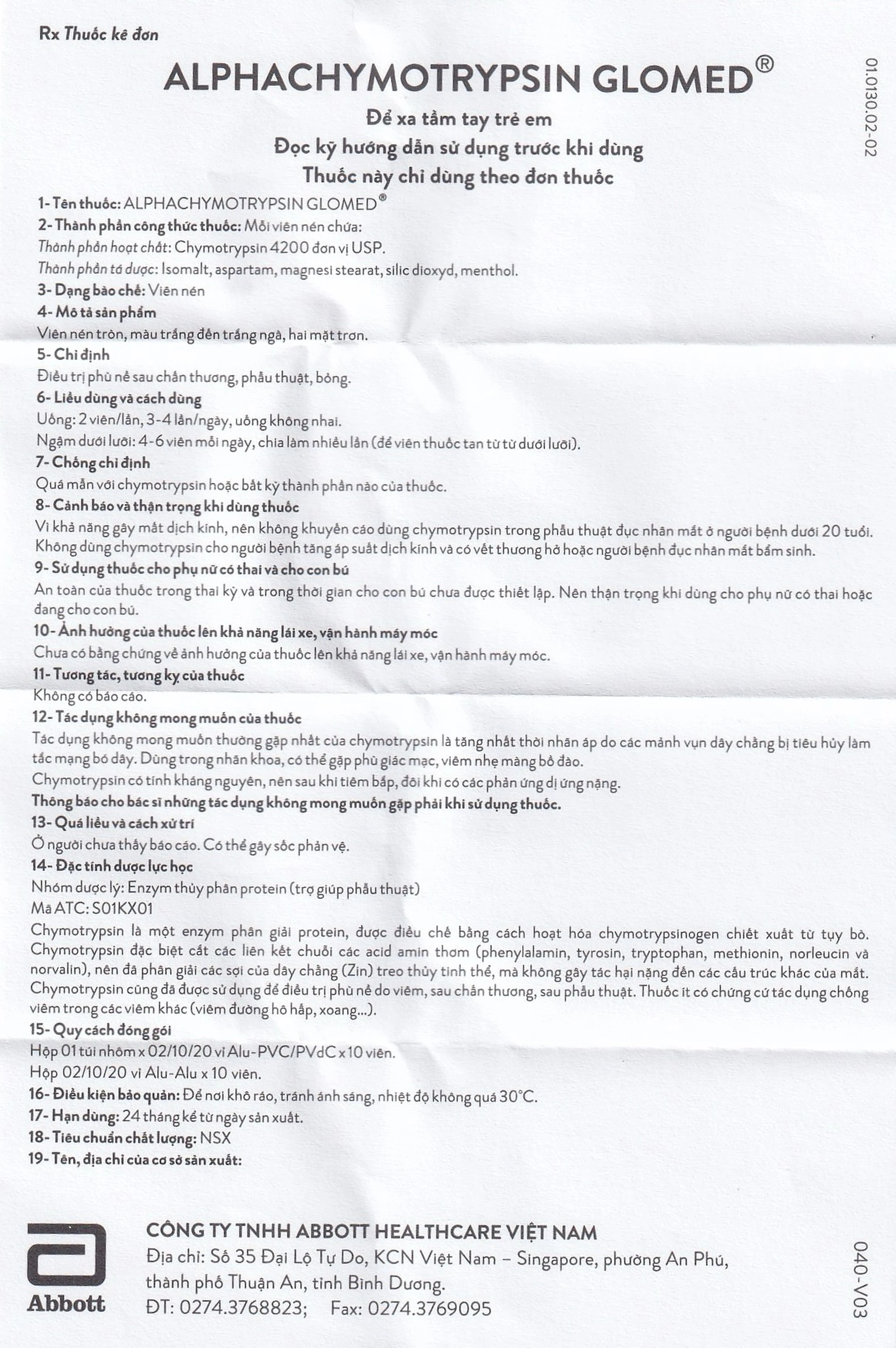 Thuốc Alphachymotrypsin Glomed Abbott điều trị phù nề sau chấn thương, phẫu thuật, bỏng (2 vỉ x 10 viên)