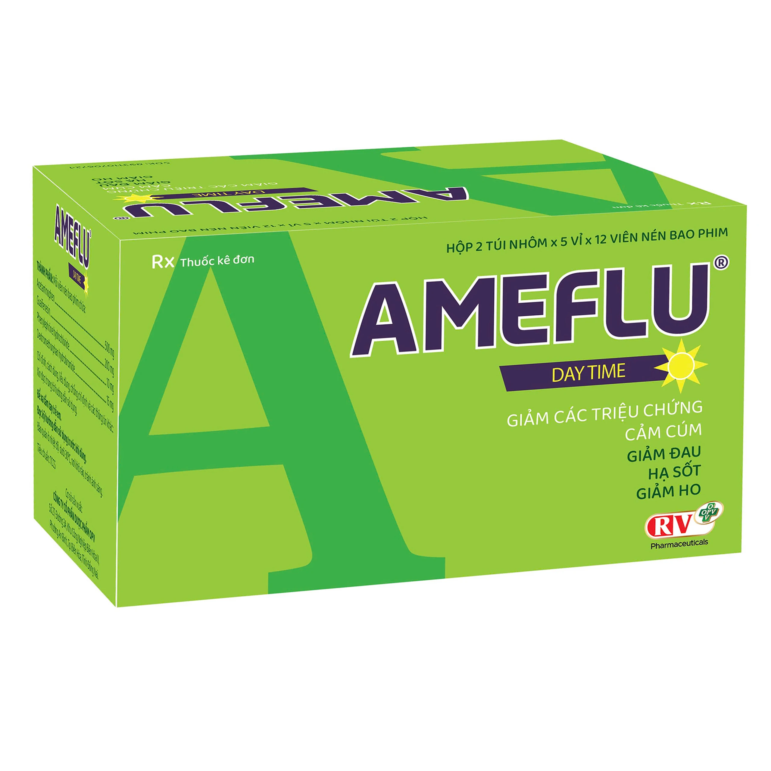 Thuốc Ameflu day time Opv giúp giảm các triệu chứng cảm cúm, giảm đau, hạ sốt, giảm ho (10 vỉ x 12 viên)