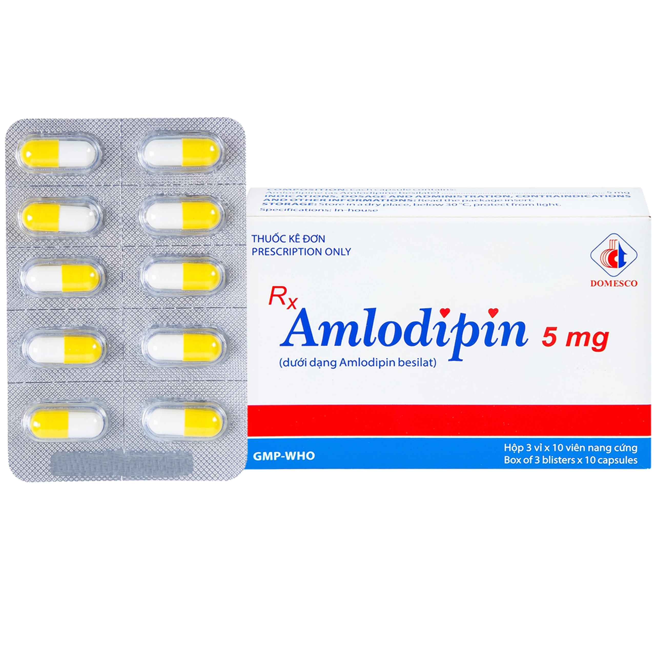 Thuốc Amlodipin 5mg Domesco điều trị tăng huyết áp, đau thắt ngực (3 vỉ x 10 viên) 1
