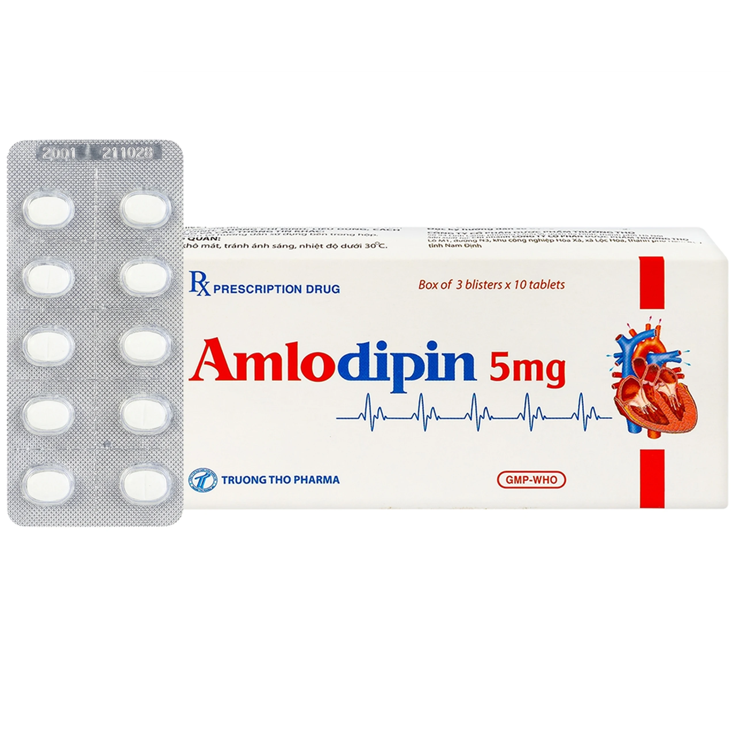 Thuốc Amlodipin 5mg Trường Thọ điều trị tăng huyết áp, đau thắt ngực (3 vỉ x 10 viên)