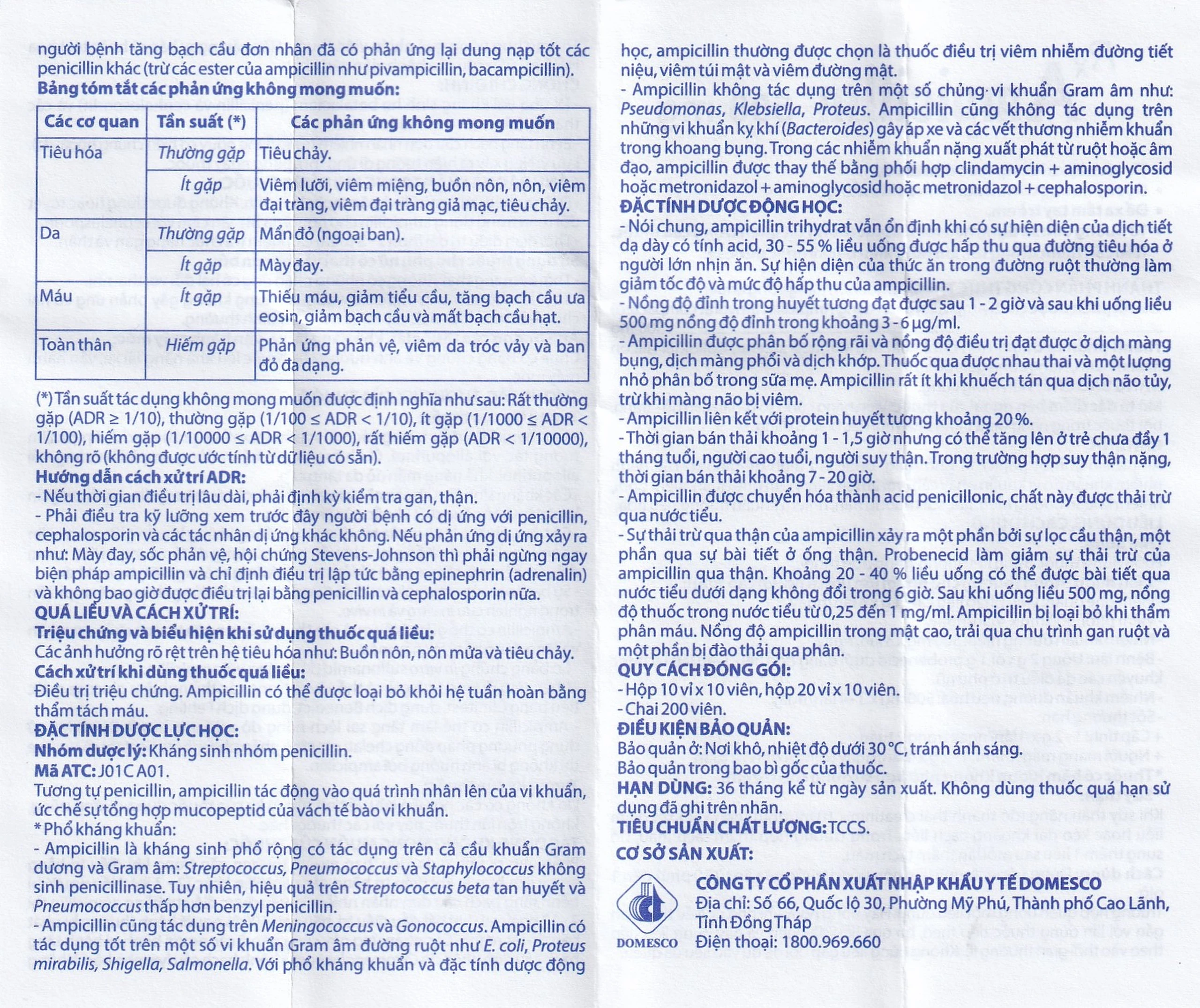 Thuốc Ampicillin 500mg Domesco điều trị nhiễm khuẩn (10 vỉ x 10 viên)
