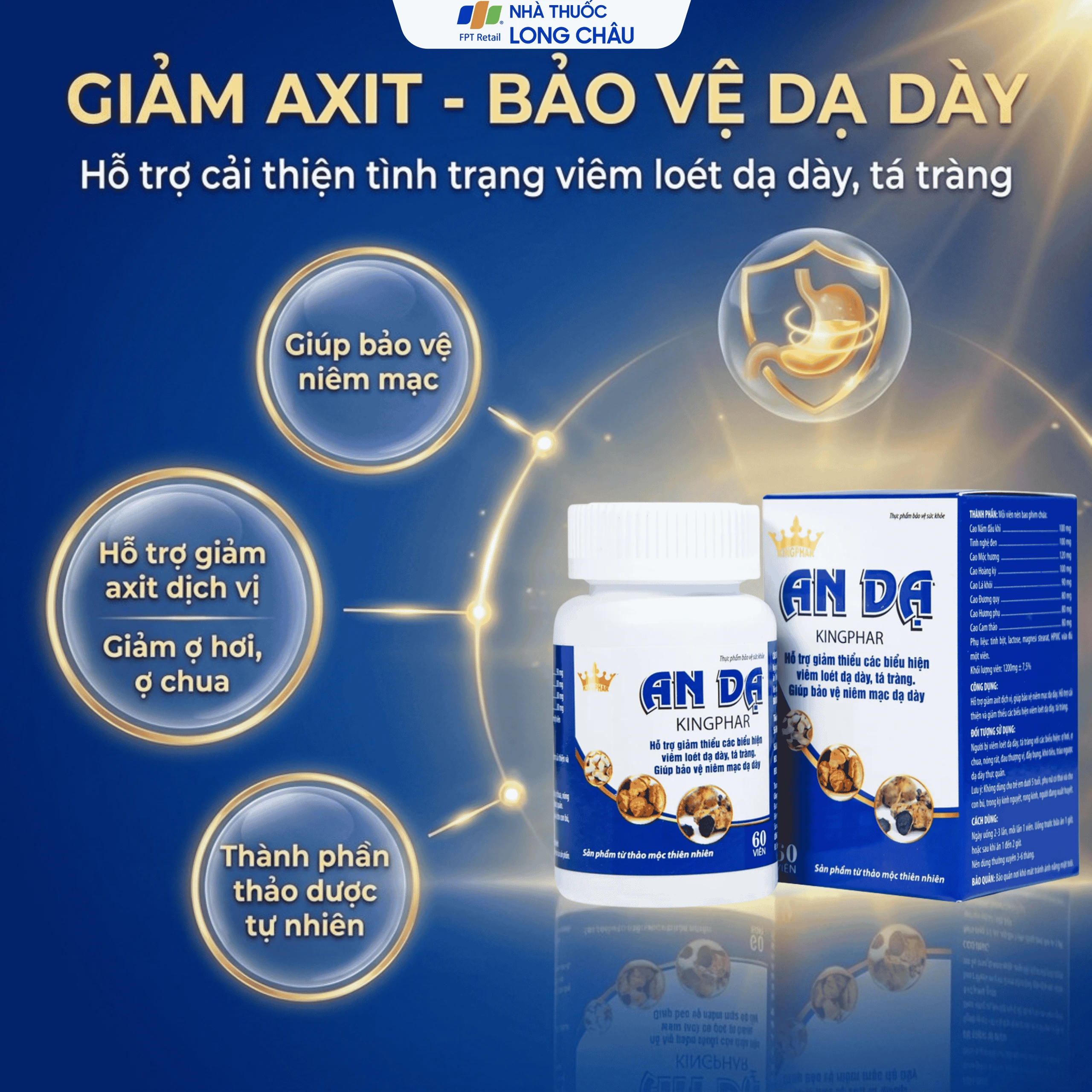 Viên uống hỗ trợ giảm axit dịch vị, giảm viêm loét dạ dày, tá tràng An Dạ Kingphar (60 viên) 2