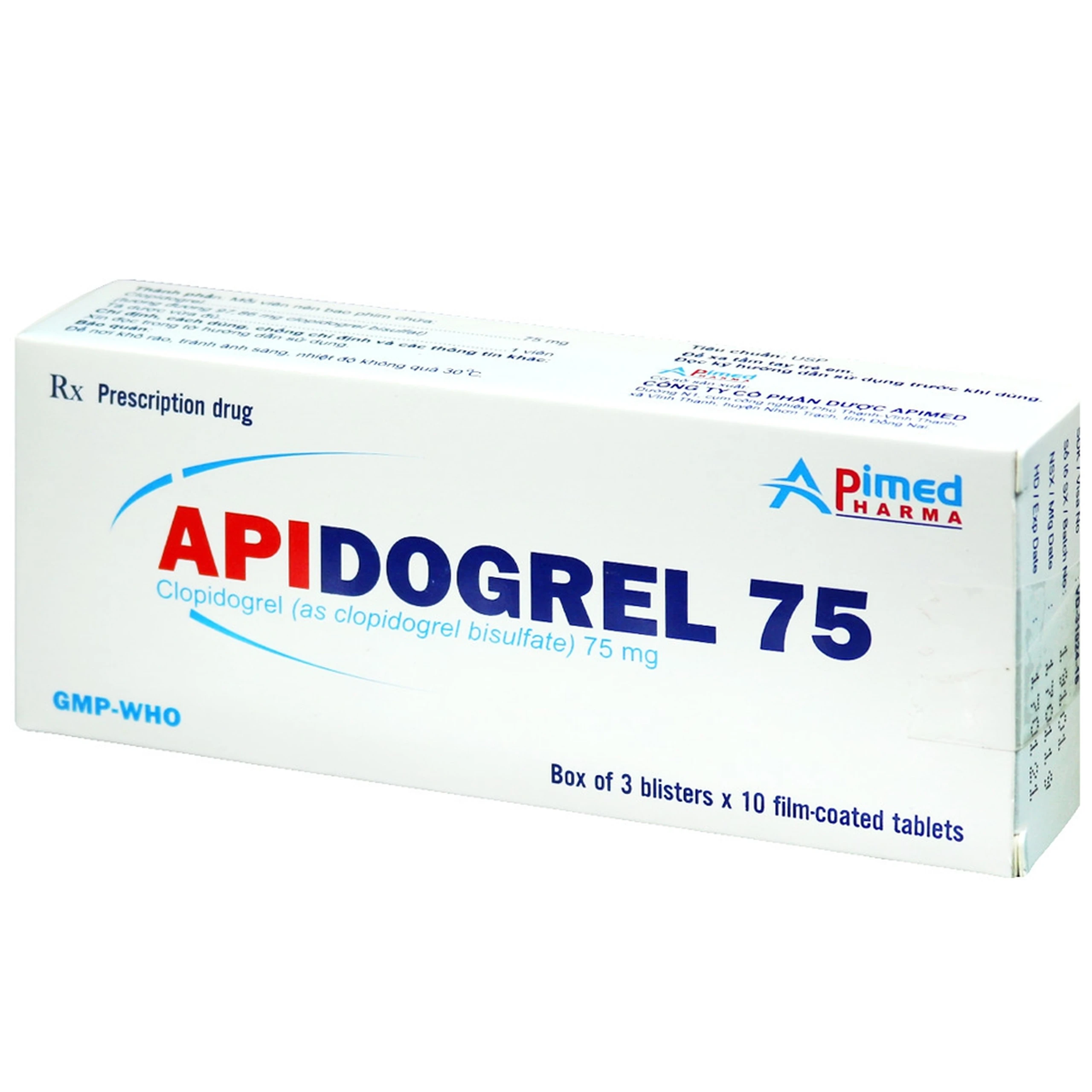 Thuốc Apidogrel 75 Apimed phòng ngừa các biến cố do huyết khối động mạch (3 vỉ x 10 viên)