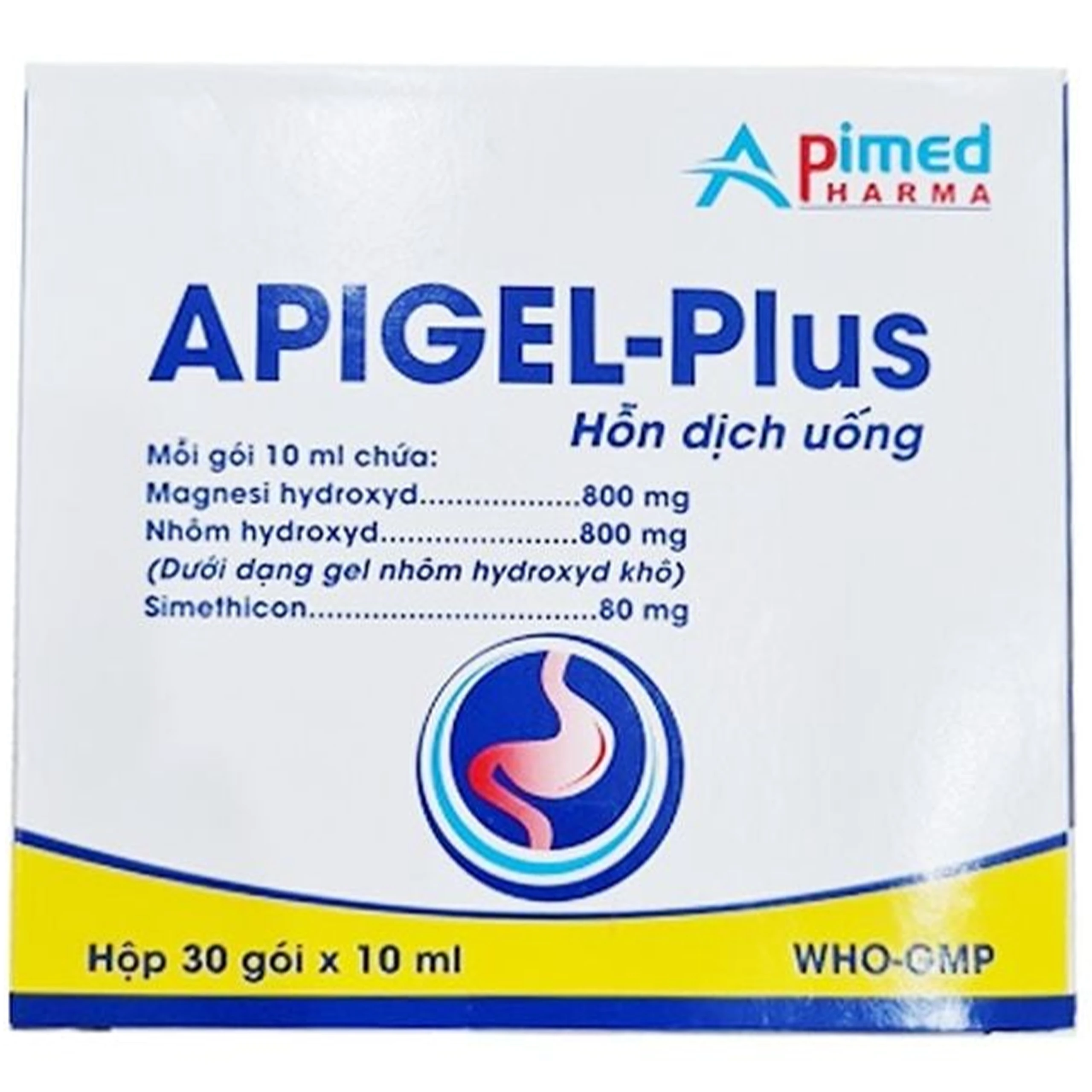 Hỗn dịch uống Apigel-Plus Apimed điều trị viêm dạ dày cấp tính - mãn tính, trào ngược dạ dày thực quản (30 gói x 10ml)