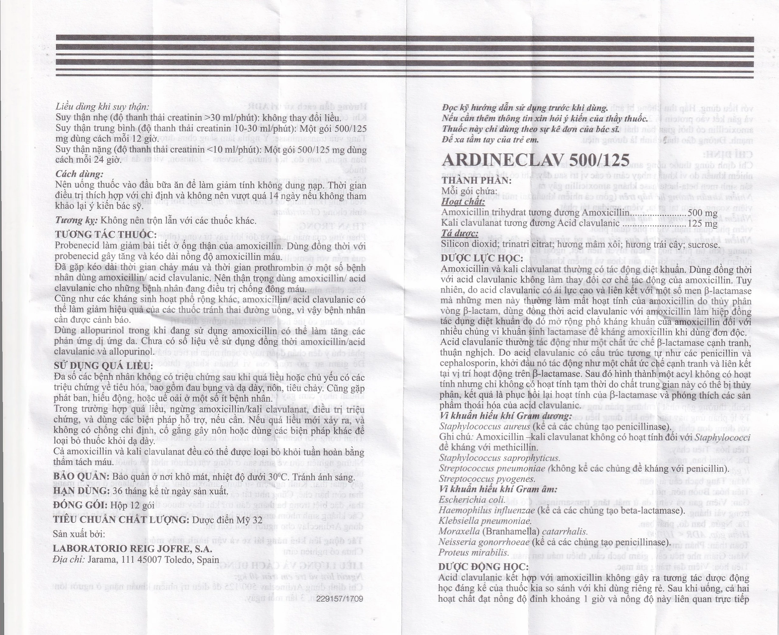 Bột pha hỗn dịch uống Ardineclav 500/125 Laboratorio Reig Jofre điều trị ngắn ngày nhiễm khuẩn (12 gói)