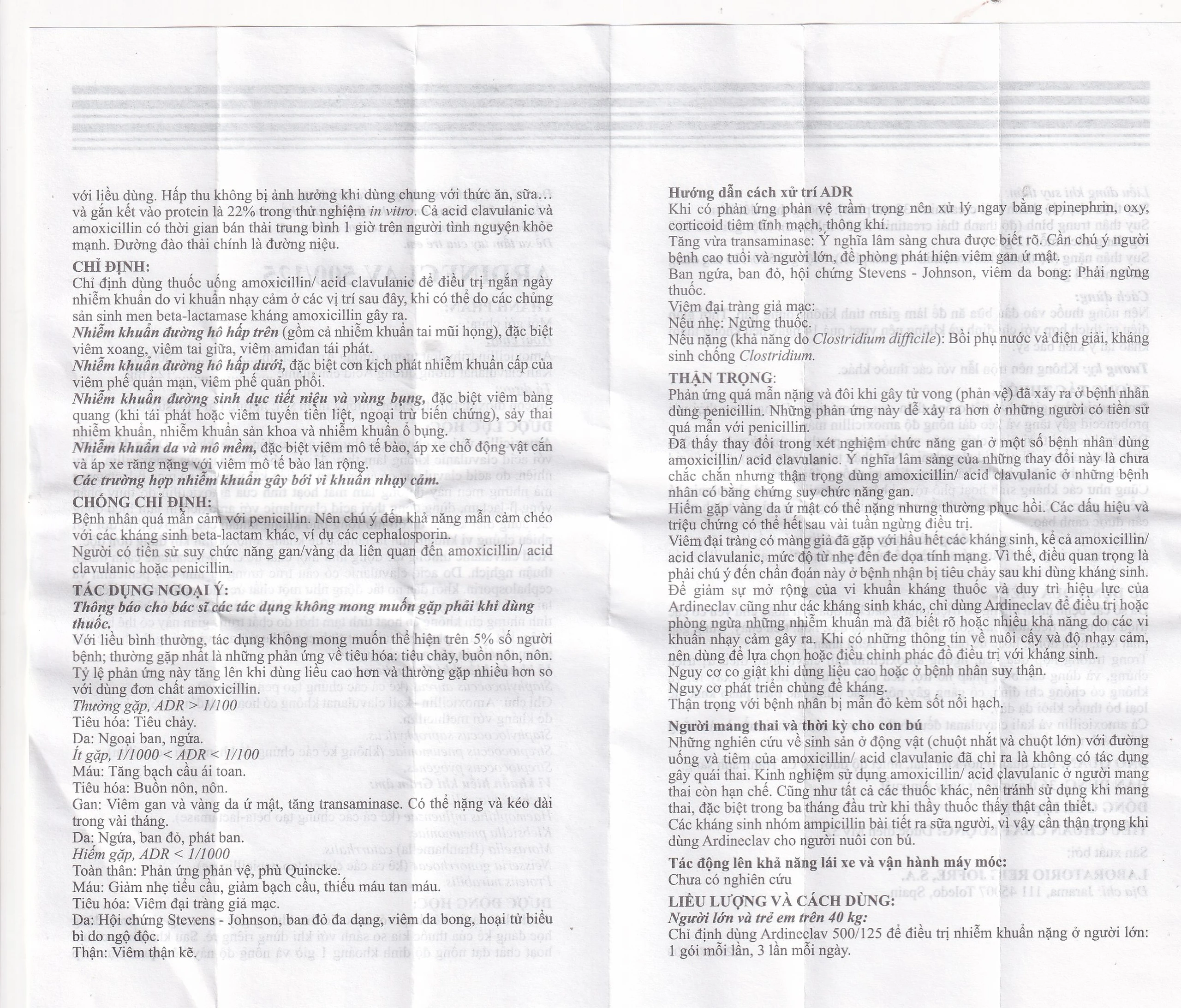 Bột pha hỗn dịch uống Ardineclav 500/125 Laboratorio Reig Jofre điều trị ngắn ngày nhiễm khuẩn (12 gói)