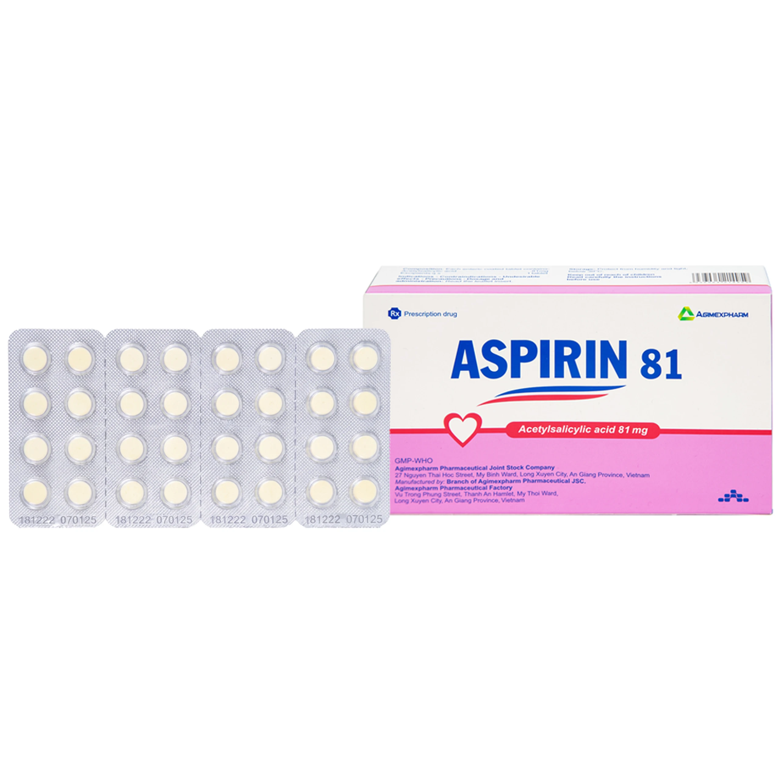 Thuốc Aspirin 81 Agimexpharm phòng ngừa nhồi máu cơ tim, đột quỵ (20 vỉ x 10 viên) 1