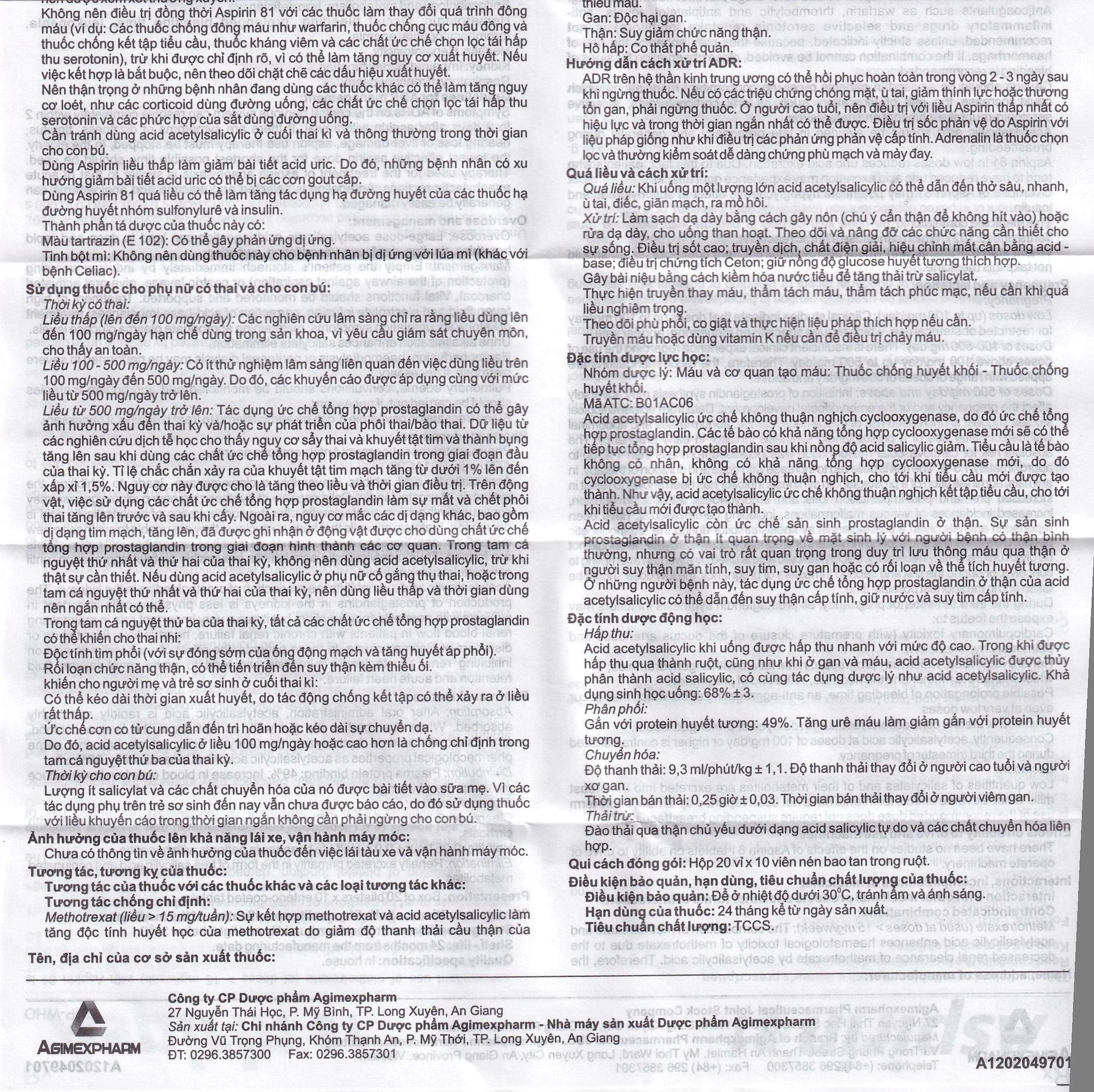 Thuốc Aspirin 81 Agimexpharm phòng ngừa nhồi máu cơ tim, đột quỵ (20 vỉ x 10 viên)