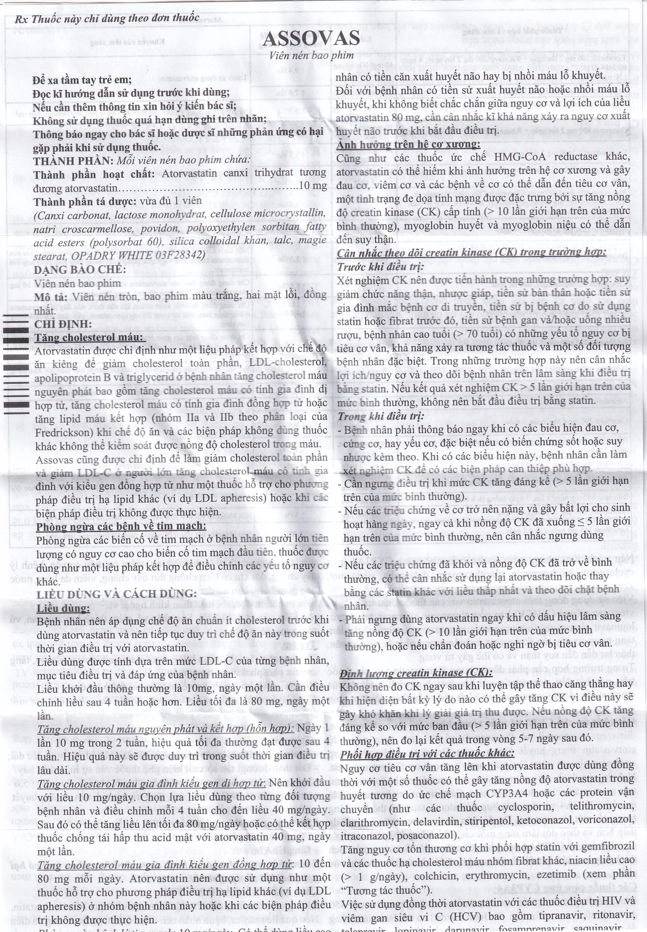 Thuốc Assovas 10mg Assopharma điều trị tăng cholesterol máu nguyên phát (3 vỉ x 10 viên)