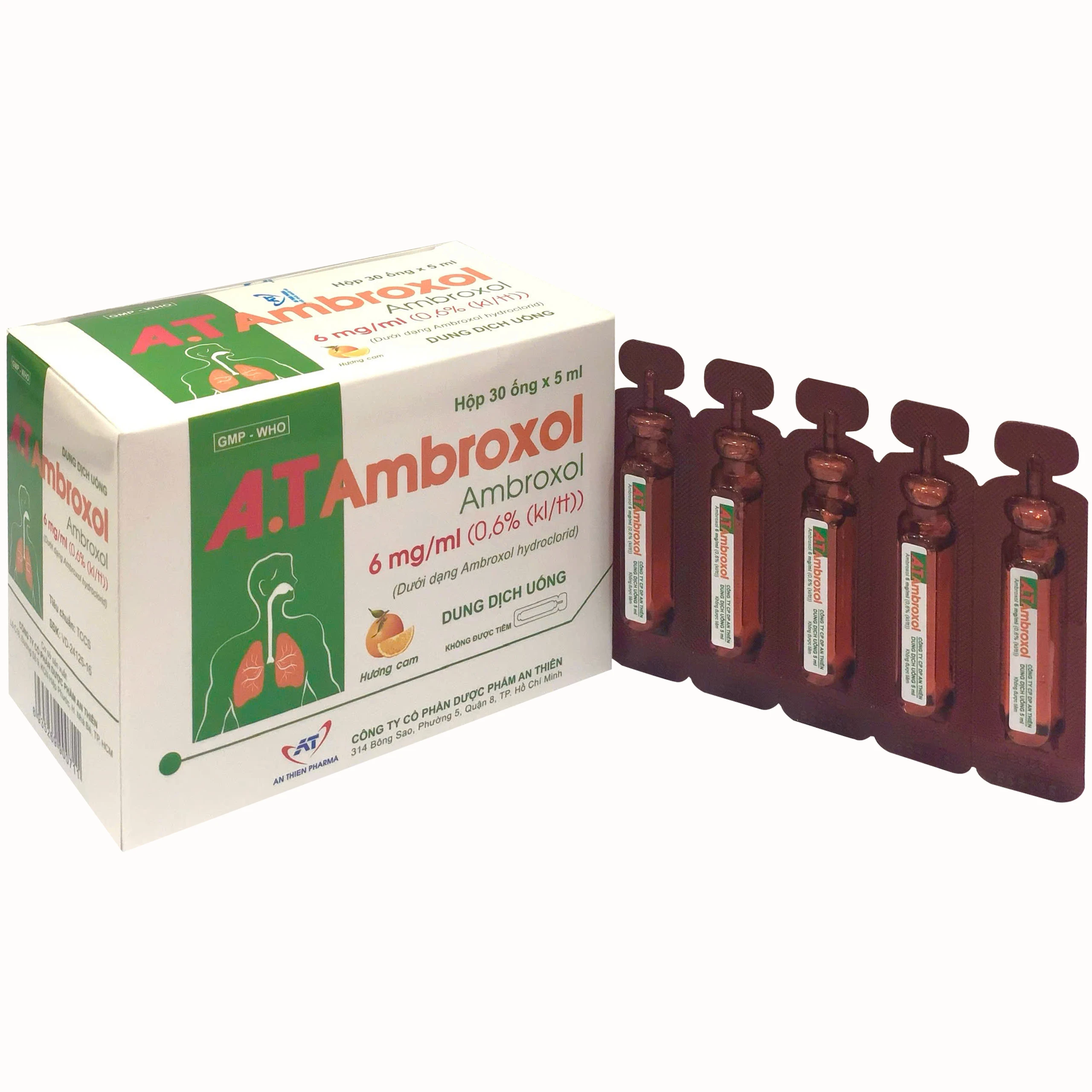 Dung dịch uống A.T Ambroxol 30mg An Thiên làm loãng nhầy trong bệnh viêm phế quản, hen phế quản (30 ống x 5ml)