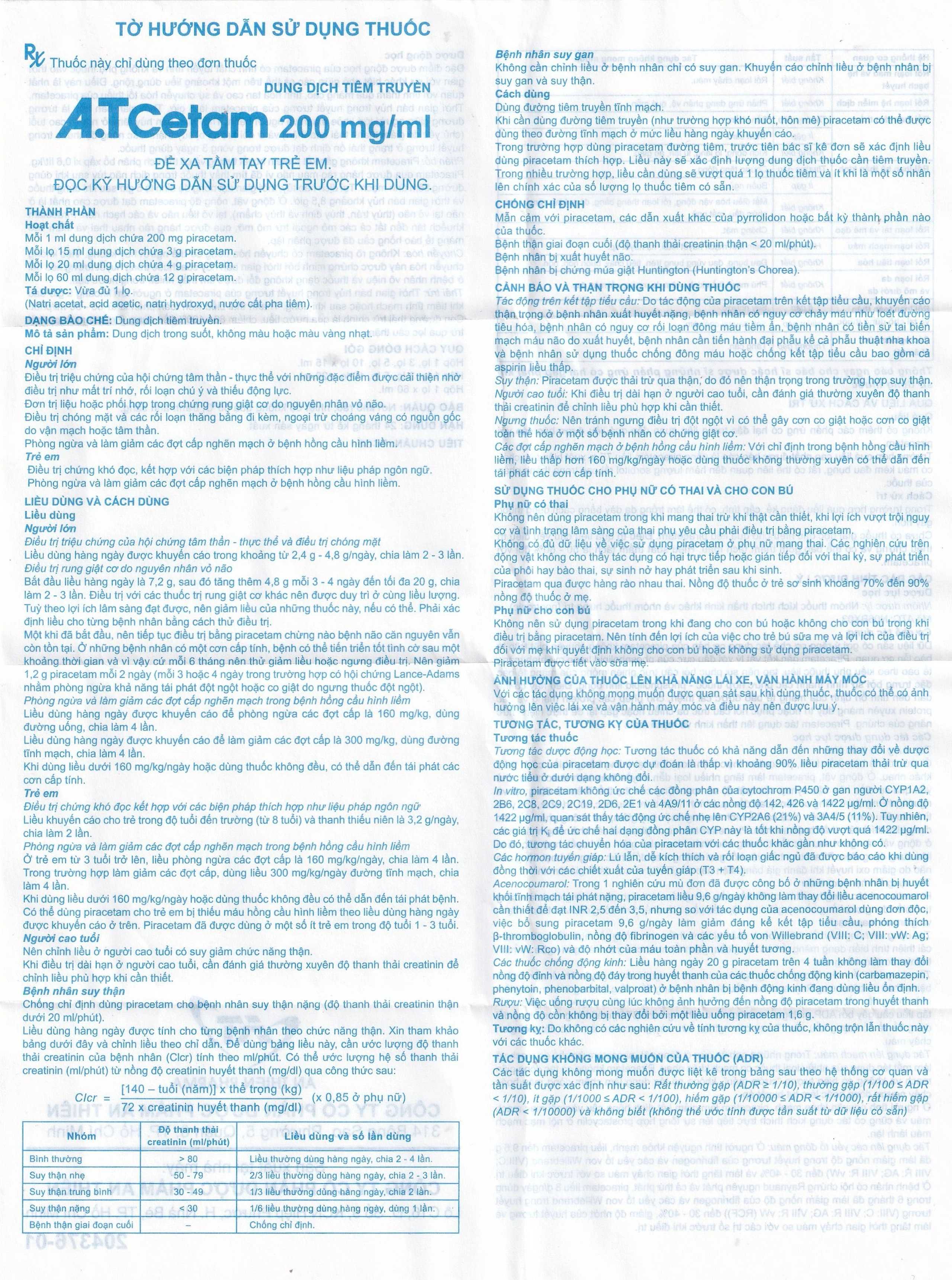 Dung dịch tiêm truyền A.T Cetam 200mg/ml An Thiên điều trị triệu chứng của hội chứng tâm thần (60ml)