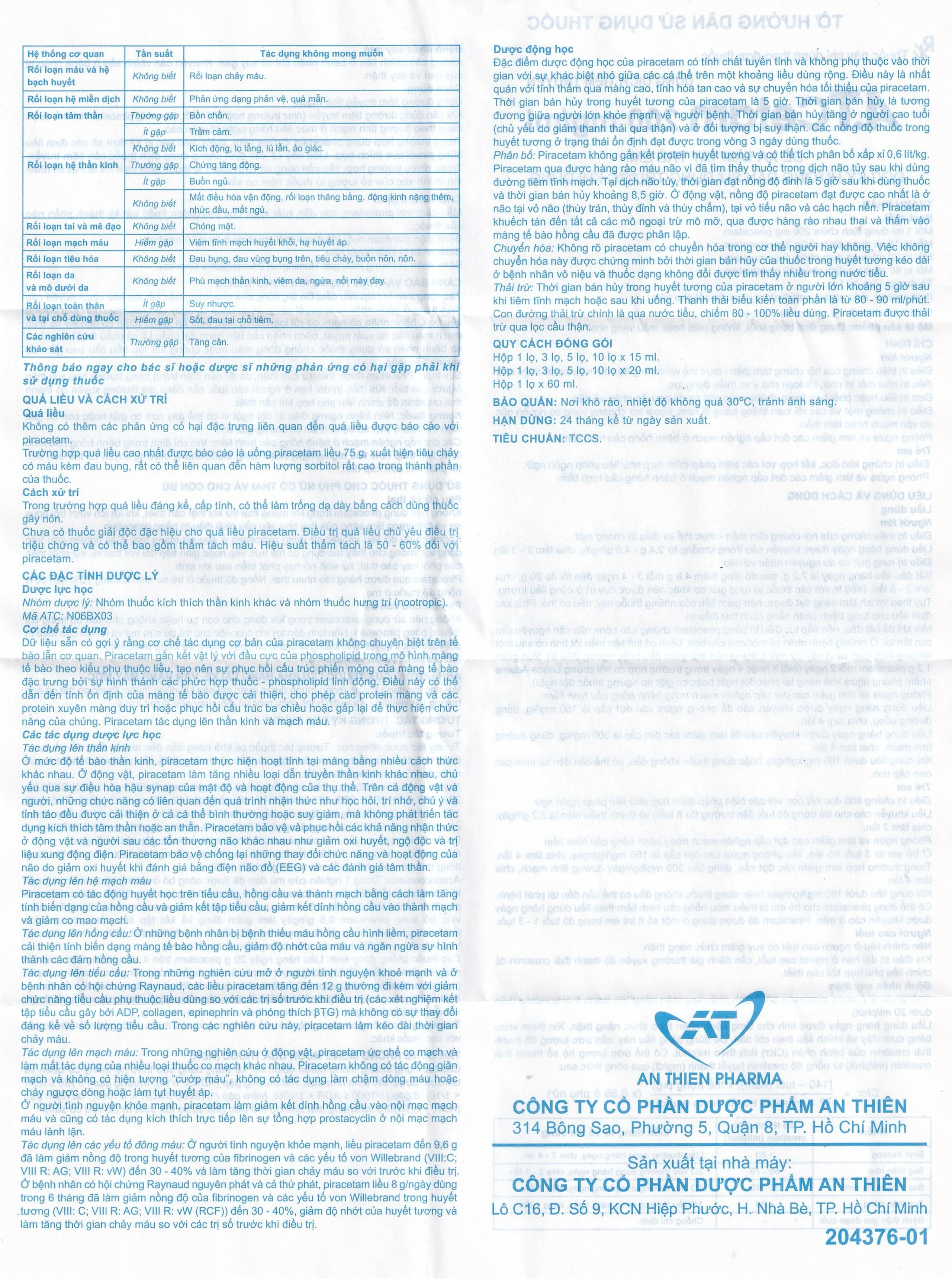 Dung dịch tiêm truyền A.T Cetam 200mg/ml An Thiên điều trị triệu chứng của hội chứng tâm thần (60ml)