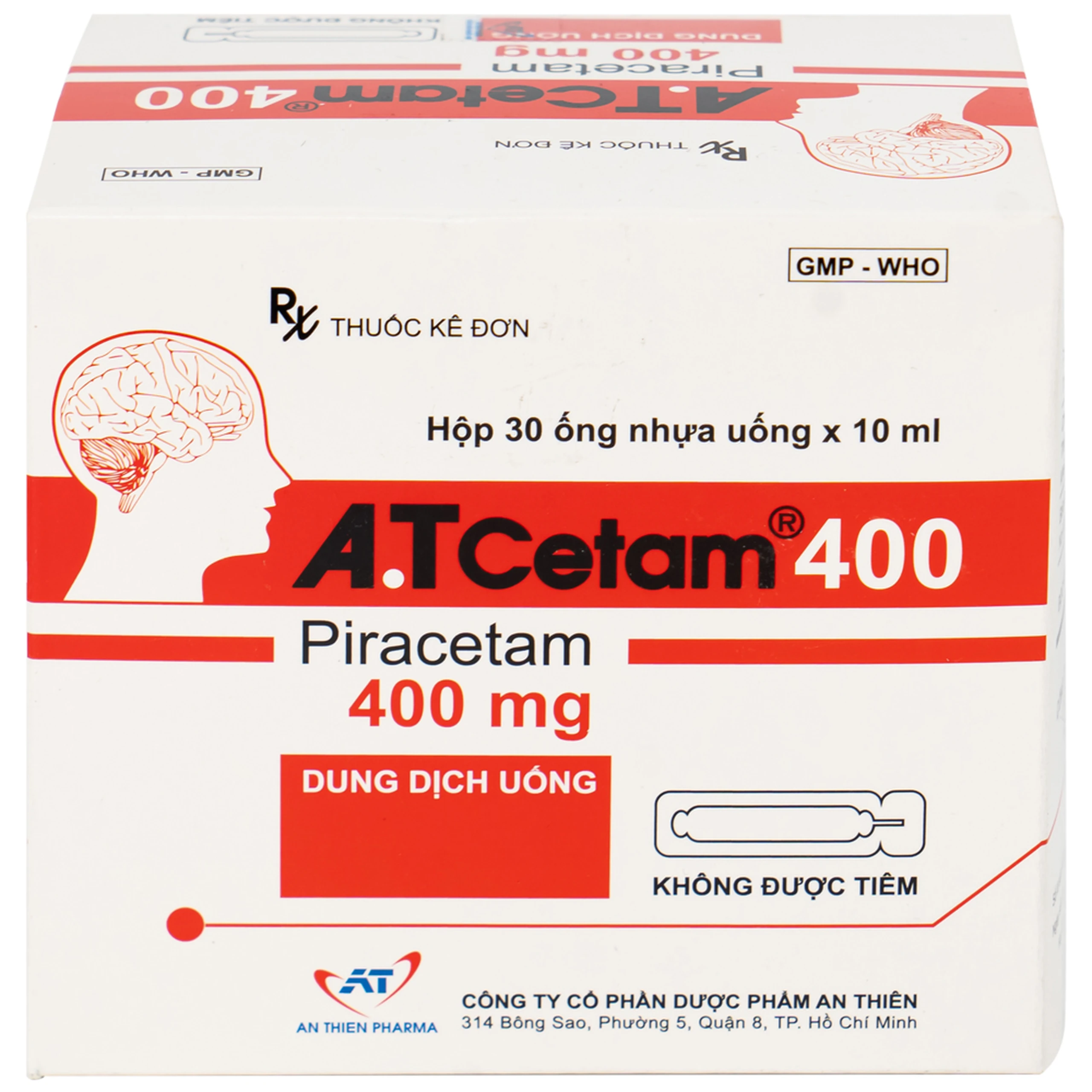 Thuốc A.T Cetam 400 An Thiên điều trị chóng mặt, giật rung cơ, thiếu máu não, suy giảm nhận thức ở người già (30 ống x 10ml)