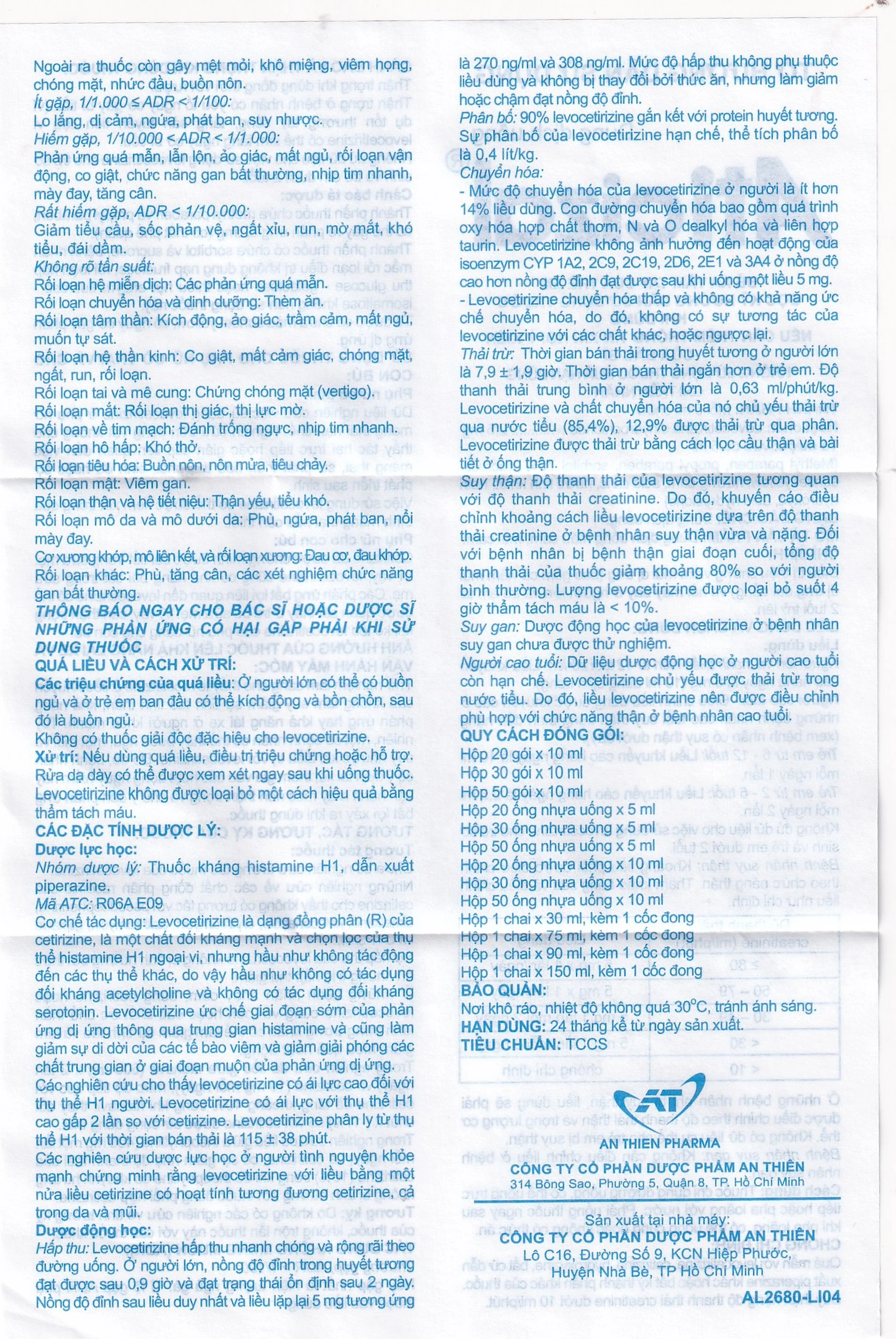 Dung dịch uống Aticizal 2,5mg/5ml An Thiên điều trị triệu chứng viêm mũi dị ứng (90ml)