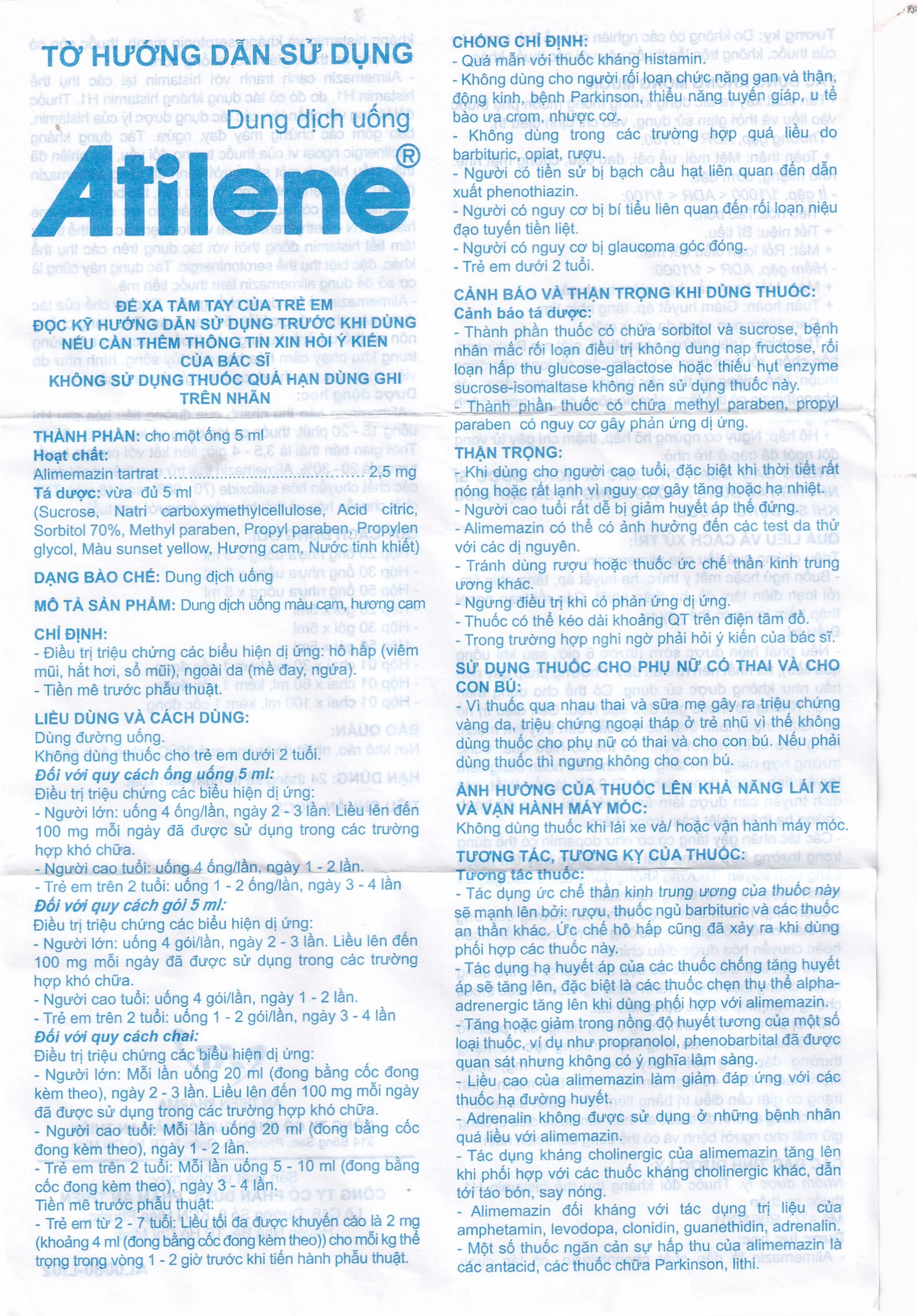 Thuốc Atilene 2,5mg/5ml An Thiên điều trị các bệnh hô hấp, viêm mũi, hắt hơi, sổ mũi (100ml)