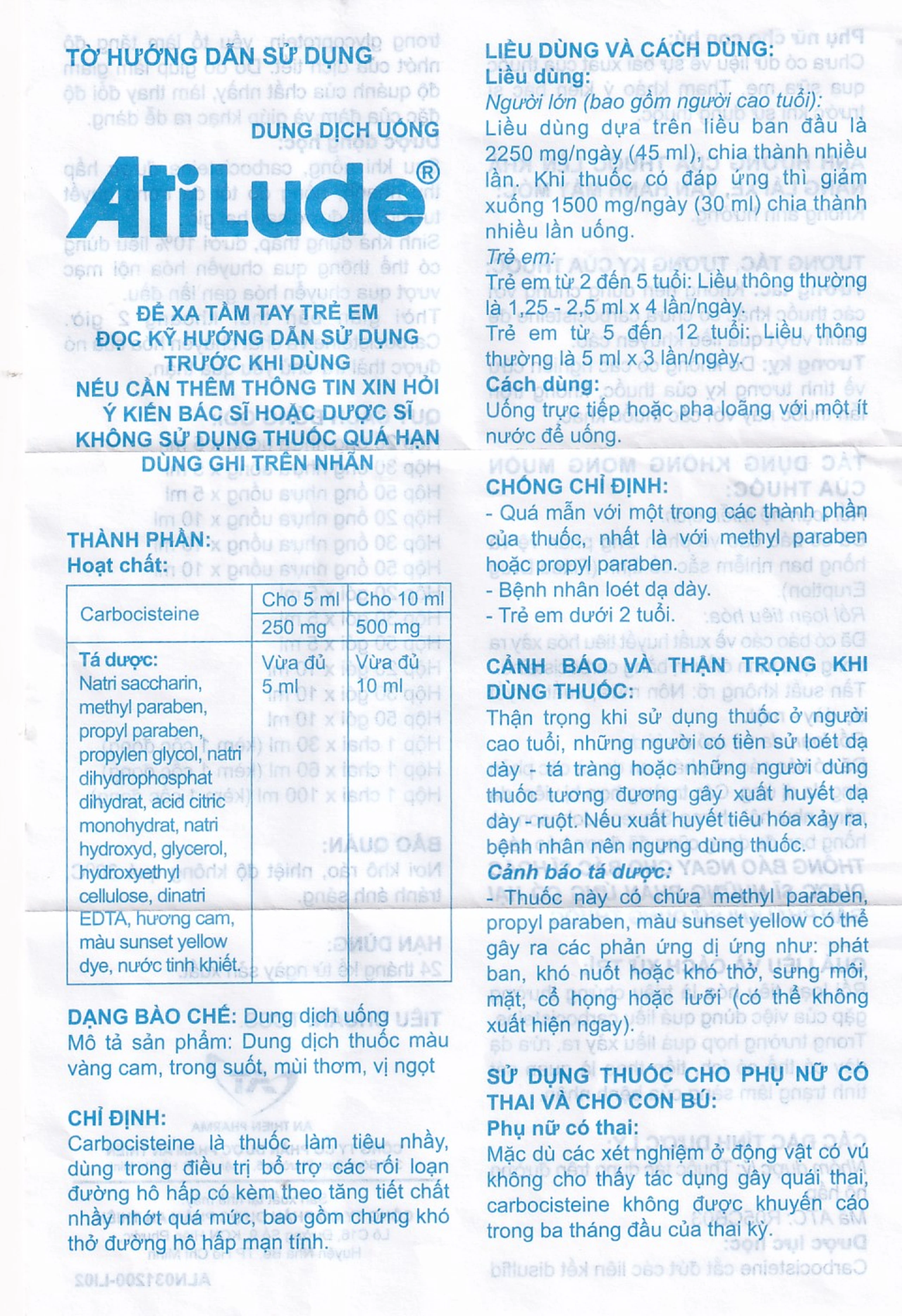 Dung dịch uống AtiLude 250mg/5ml An Thiên tiêu nhầy, rối loạn đường hô hấp (6 vỉ x 5 ống x 5ml)