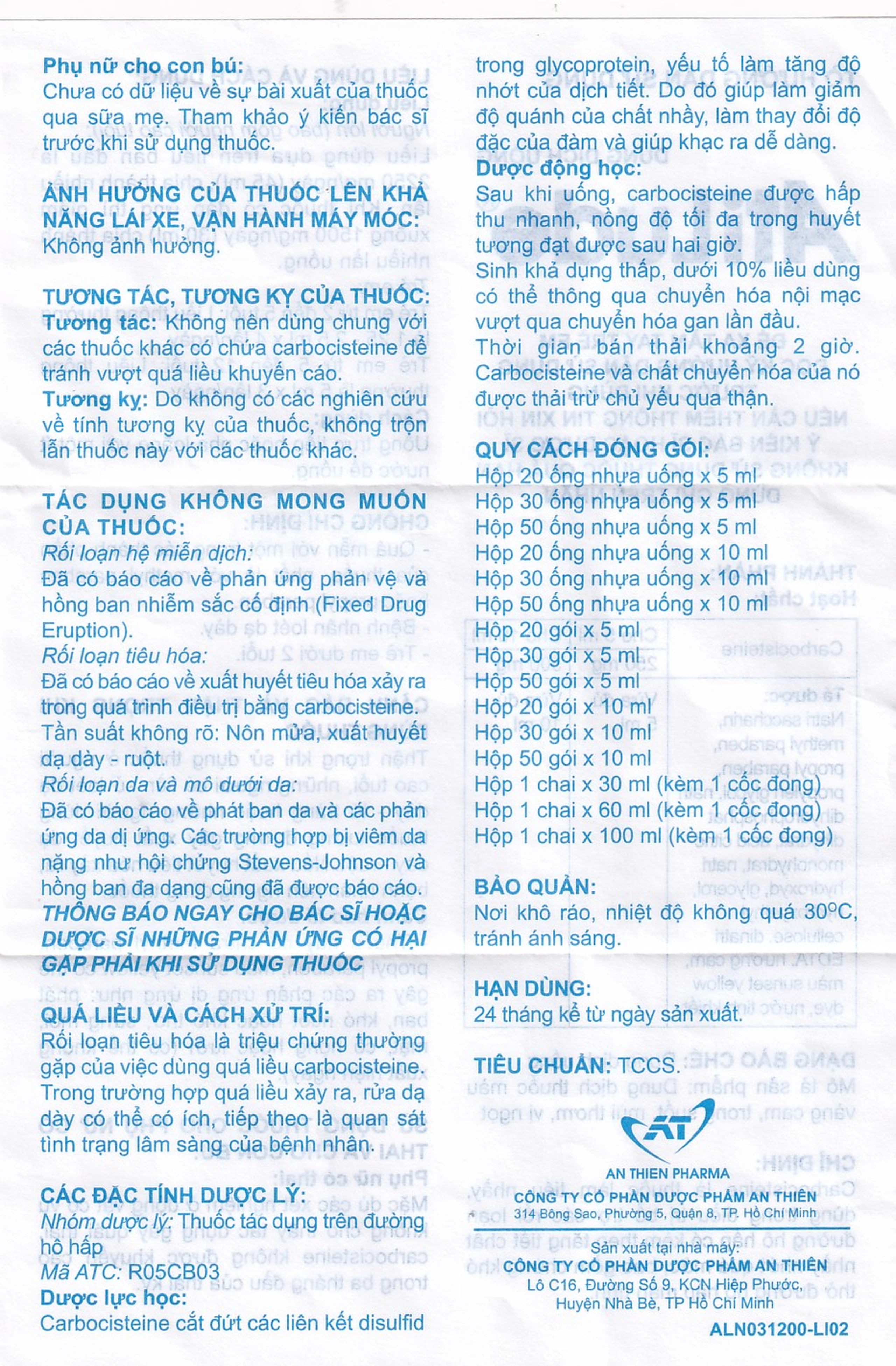 Dung dịch uống AtiLude 250mg/5ml An Thiên tiêu nhầy, rối loạn đường hô hấp (6 vỉ x 5 ống x 5ml)