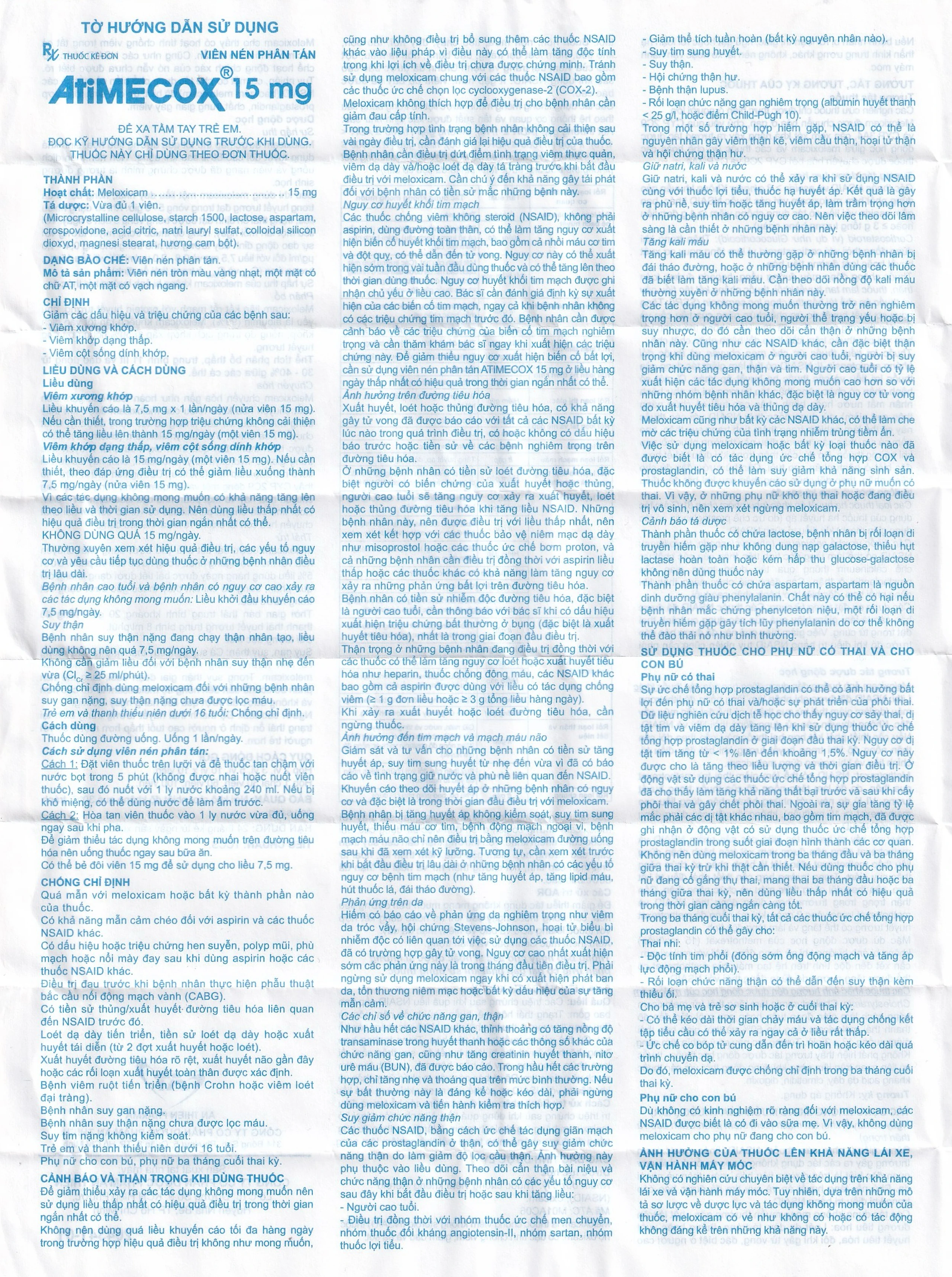 Thuốc Atimecox 15mg An Thiên giảm các dấu hiệu và triệu chứng của viêm xương khớp (3 vỉ x 10 viên)