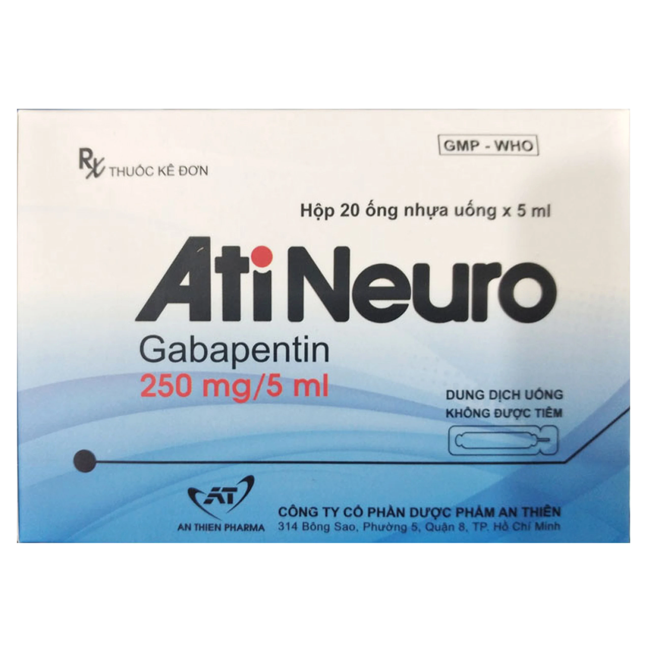 Thuốc AtiNeuro Gabapentin 250mg/5ml An Thiên điều trị động kinh cục bộ (20 ống)