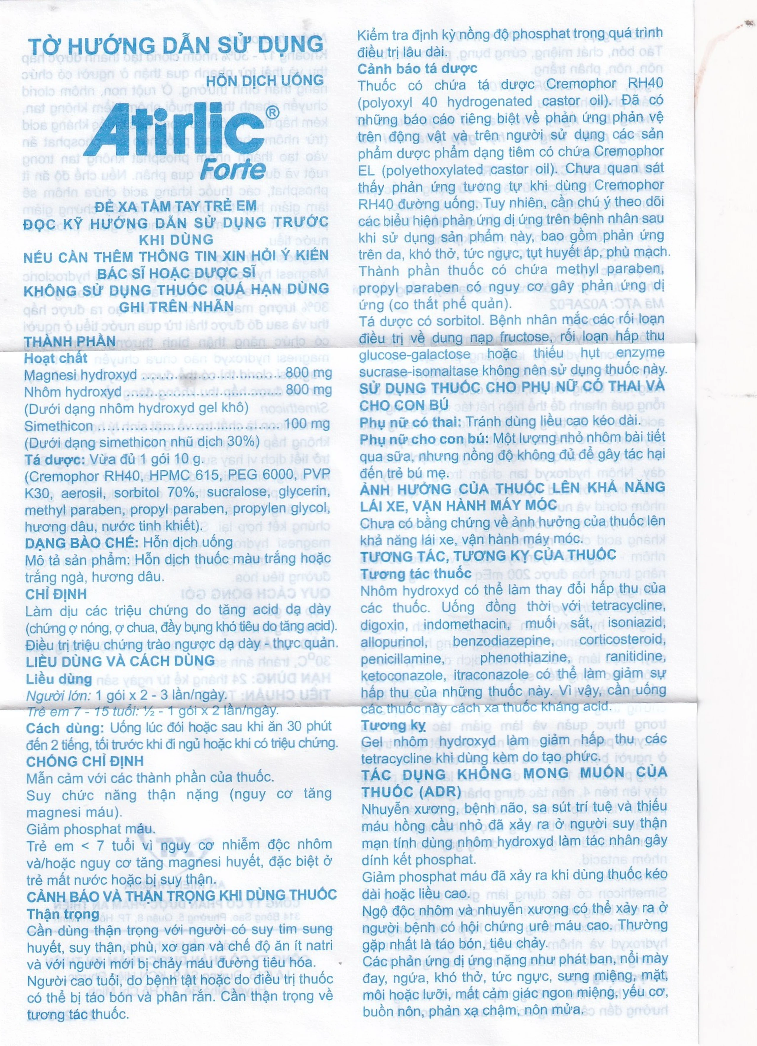 Hỗn dịch uống Atirlic forte 10g An Thiên giảm triệu chứng tăng acid dạ dày (20 gói)