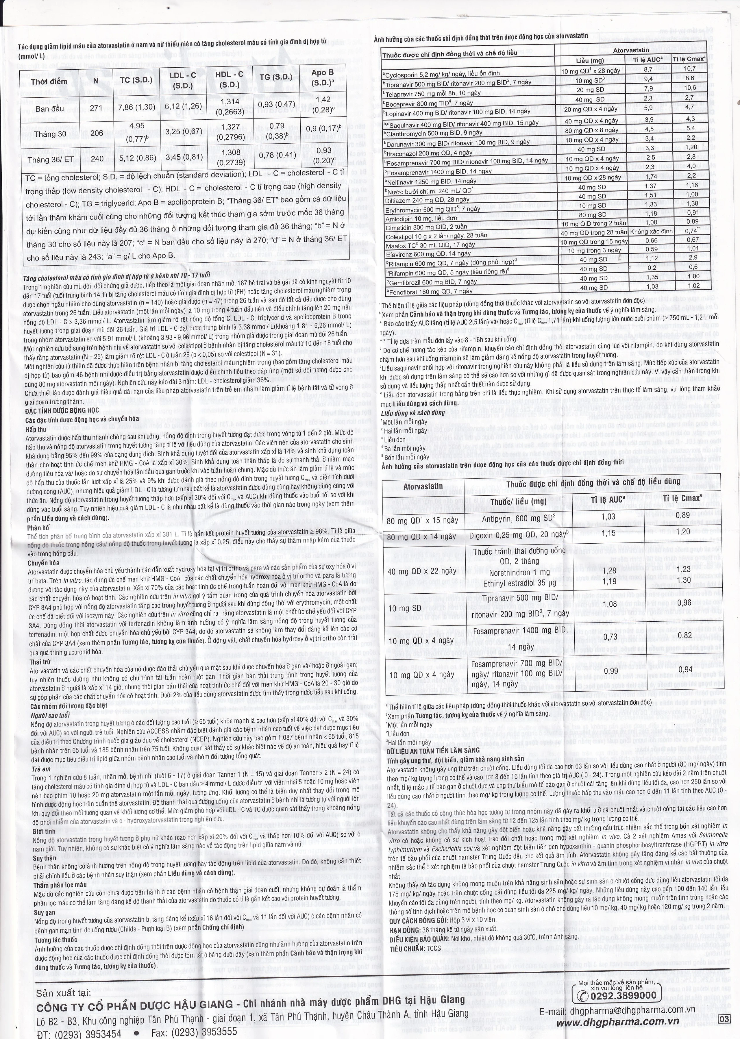 Thuốc Atorlip 20mg DHG điều trị tăng cholesterol toàn phần và LDL-cholesterol (3 vỉ x 10 viên)