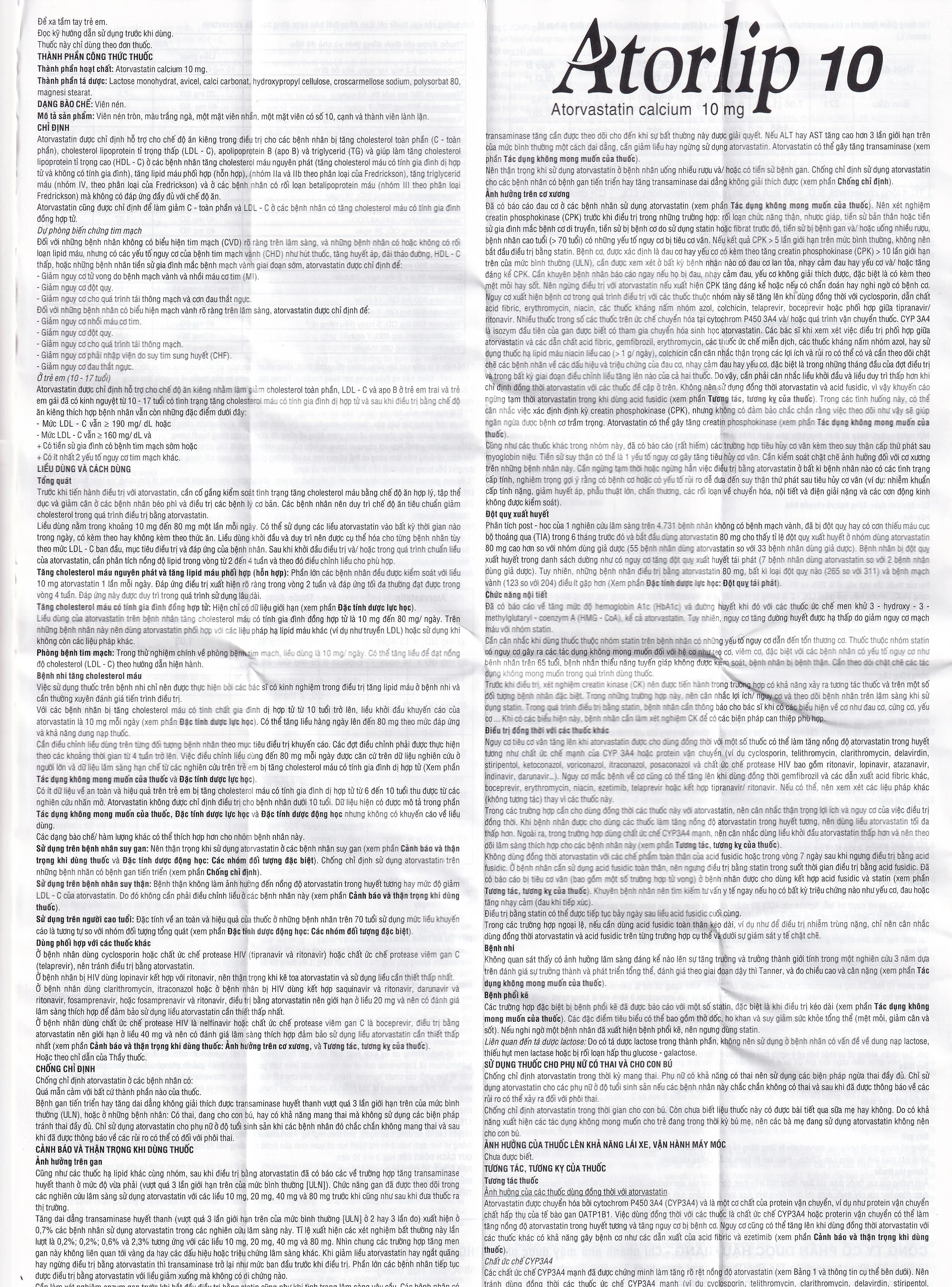 Thuốc Atorlip 10mg DHG điều trị tăng cholesterol toàn phần, tăng LDL-cholesterol (3 vỉ x 10 viên)