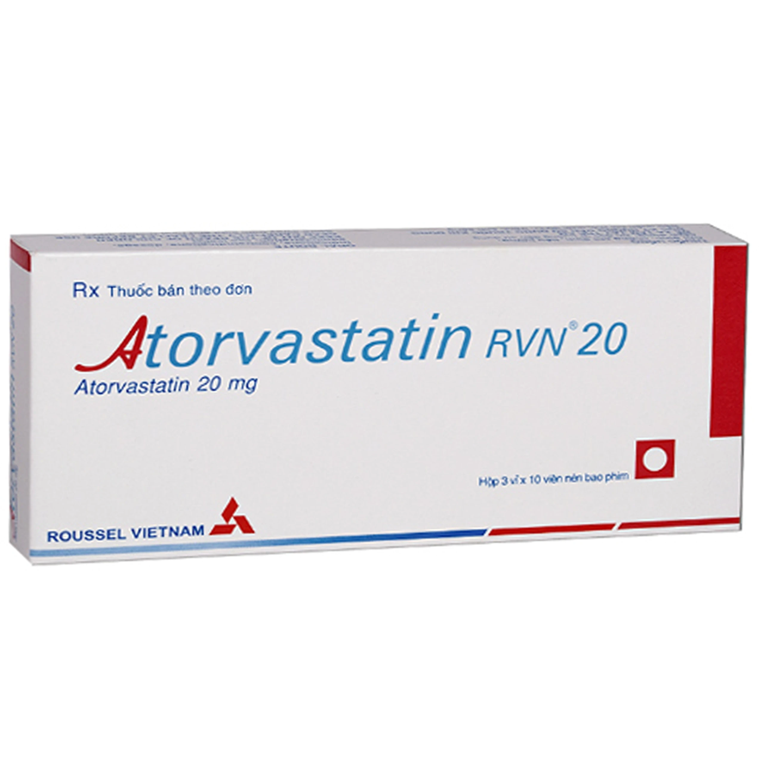 Thuốc Atorvastatin RVN 20 Roussel giảm cholesterol toàn phần (3 vỉ x 10 viên)