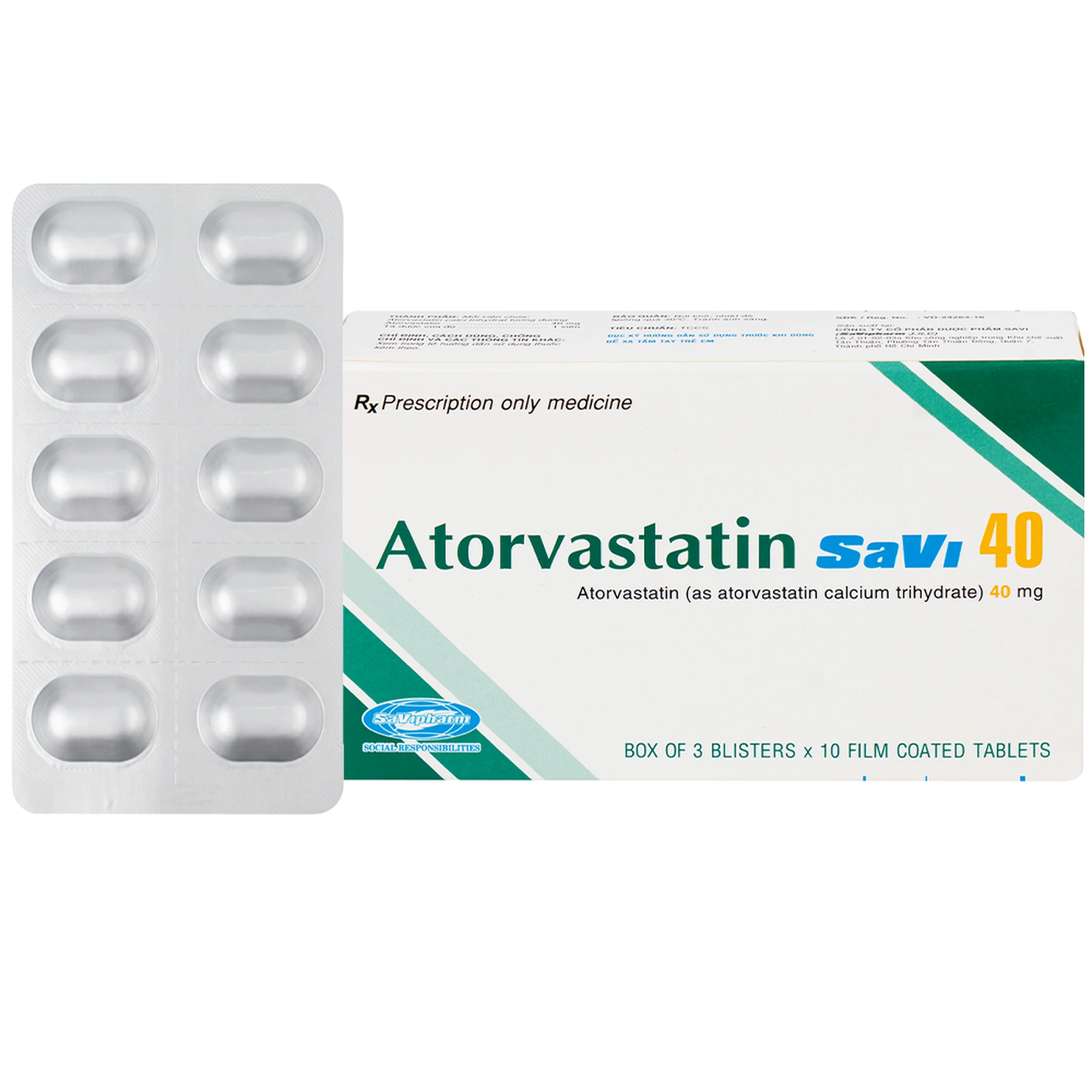 Thuốc Atorvastatin 40mg Savi điều trị rối loạn lipid máu, mỡ máu, cholesterol máu cao (3 vỉ x 10 viên)