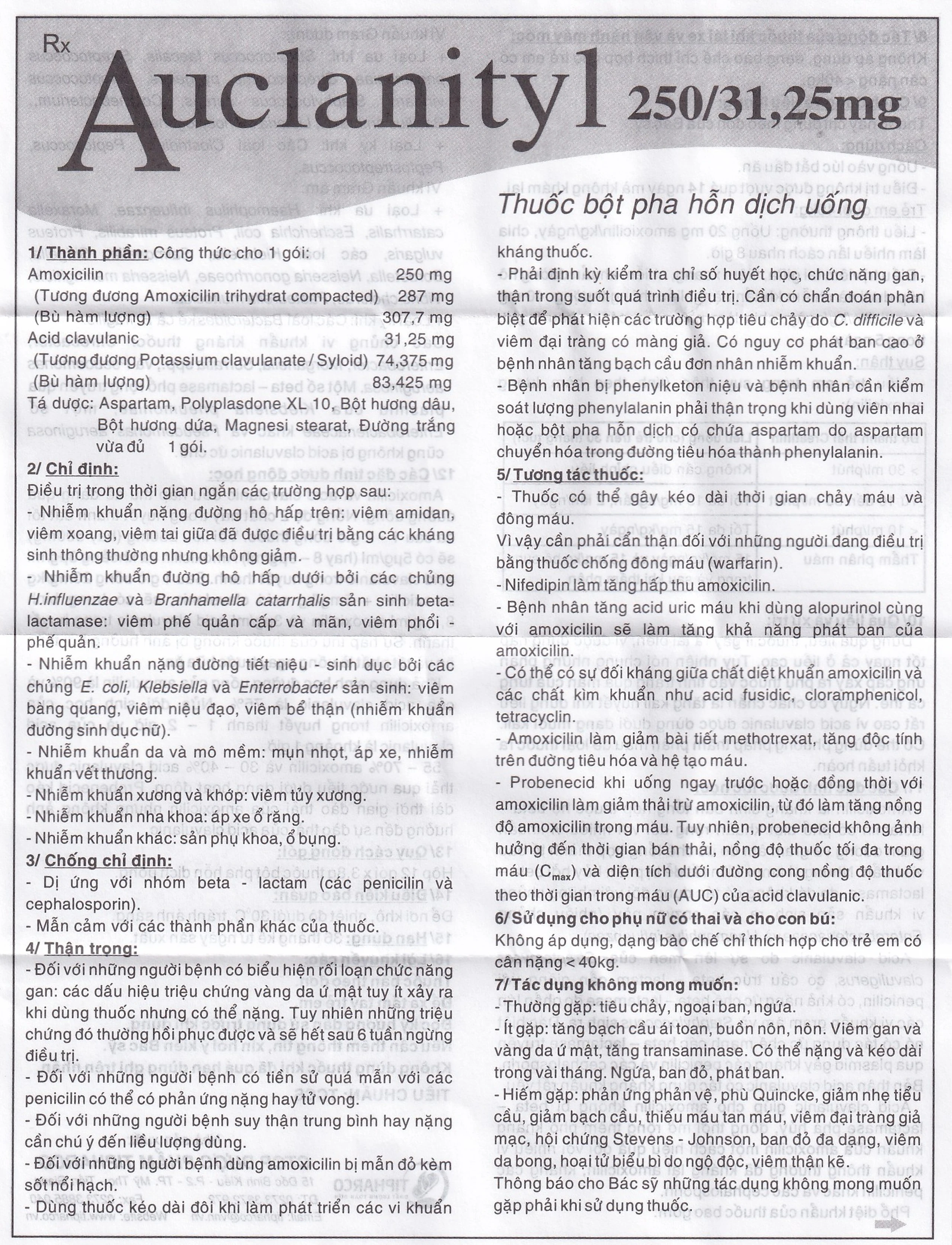 Bột Auclanityl 250/31.25mg Tipharco điều trị nhiễm khuẩn (12 gói x 3,8g) 