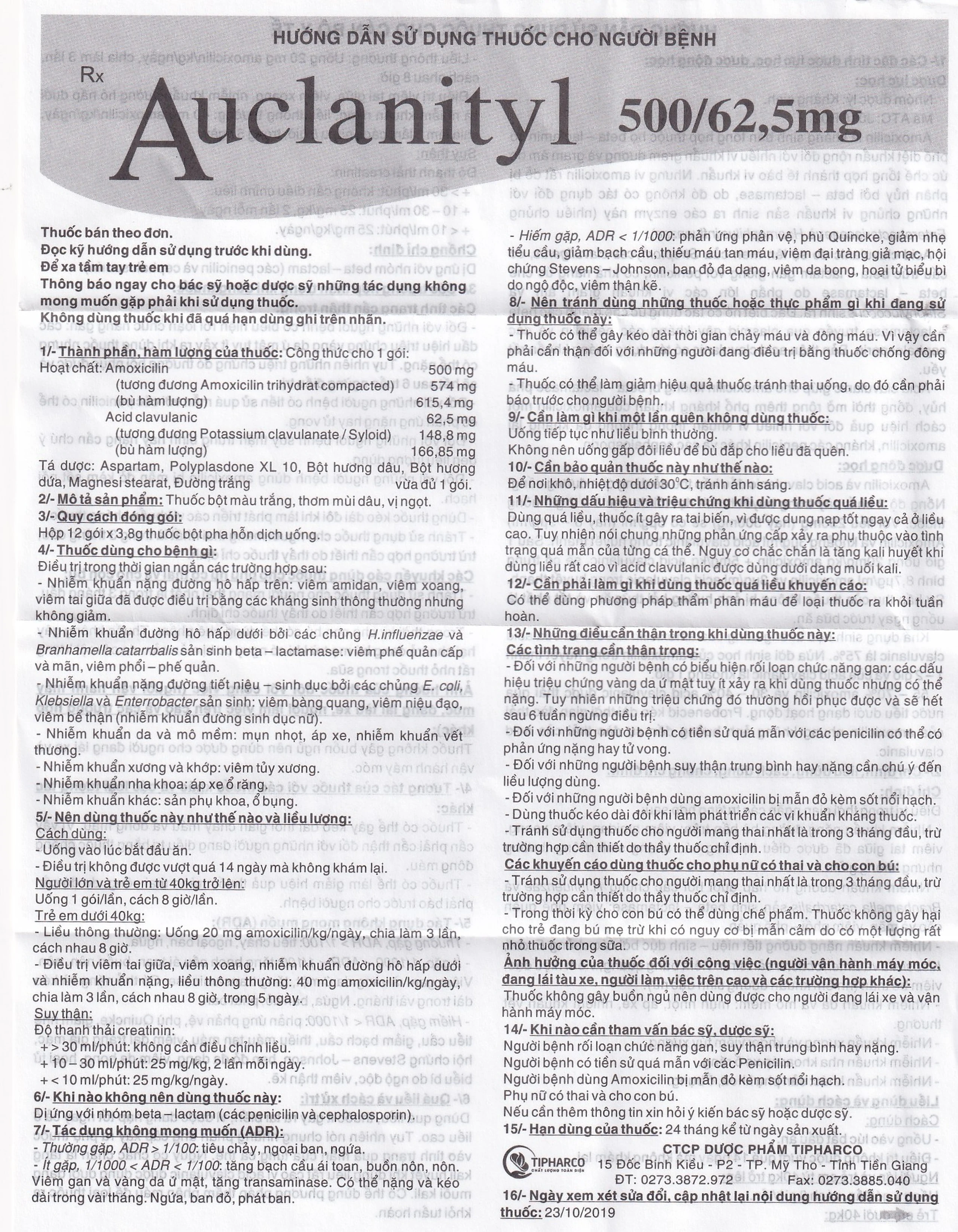 Bột Auclanityl 500/62.5mg Tipharco điều trị nhiễm khuẩn (12 gói x 3,8g)