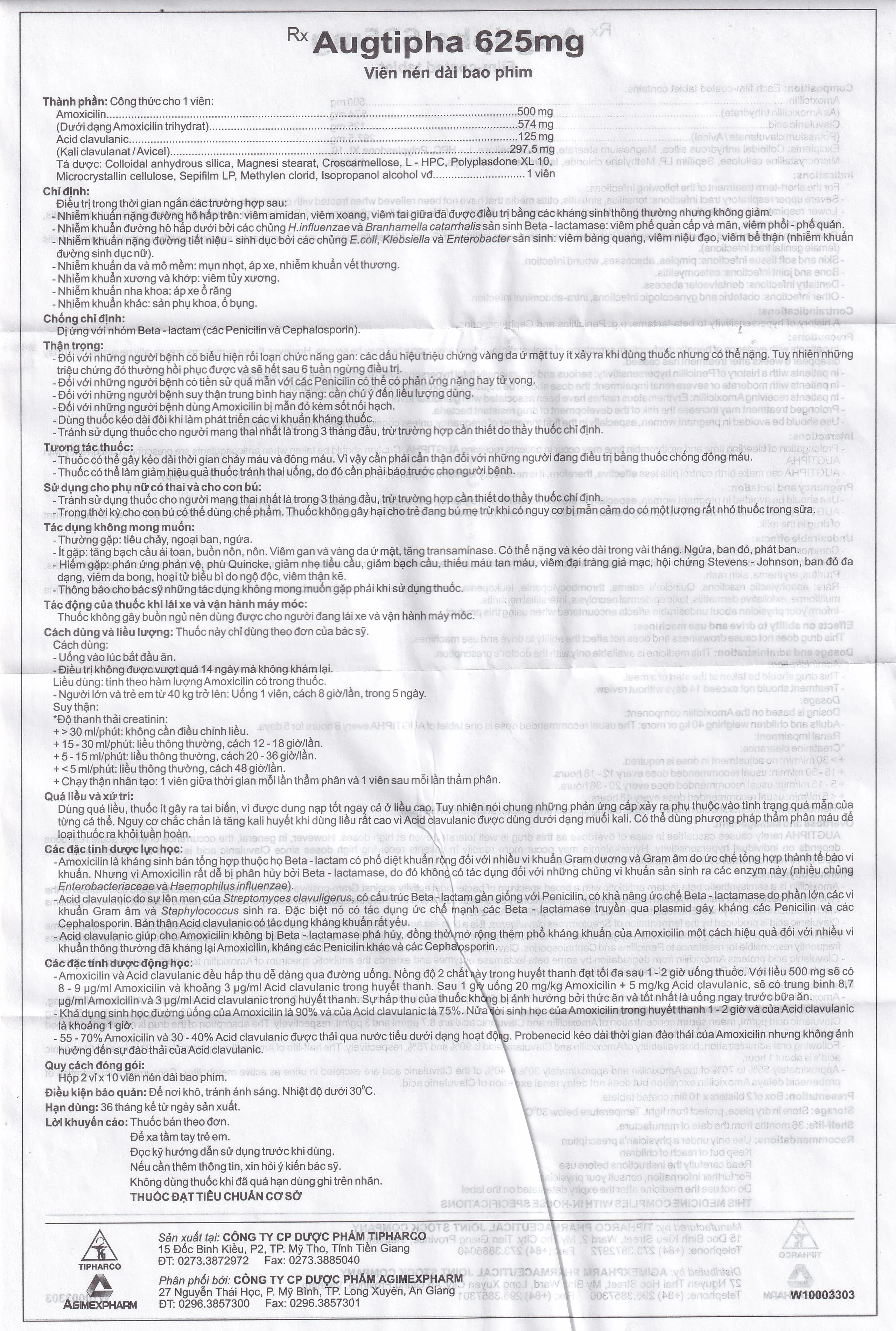 Thuốc Augtipha 625mg Tipharco điều trị nhiễm khuẩn (2 vỉ x 10 viên)