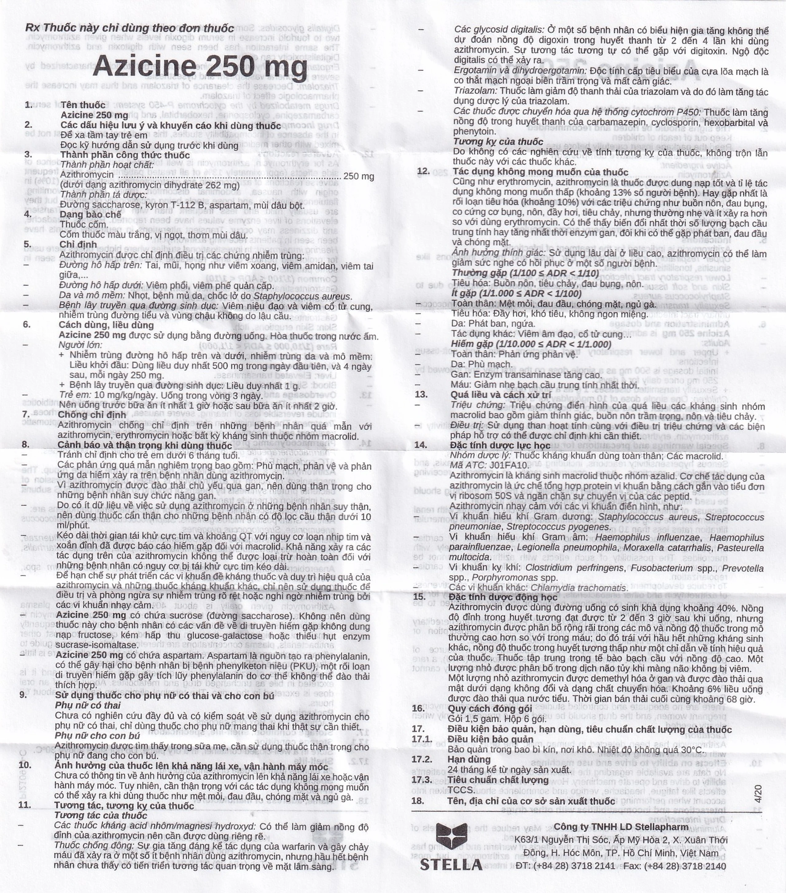 Thuốc cốm Azicine 250mg Stella điều trị nhiễm khuẩn (6 gói x 1g)