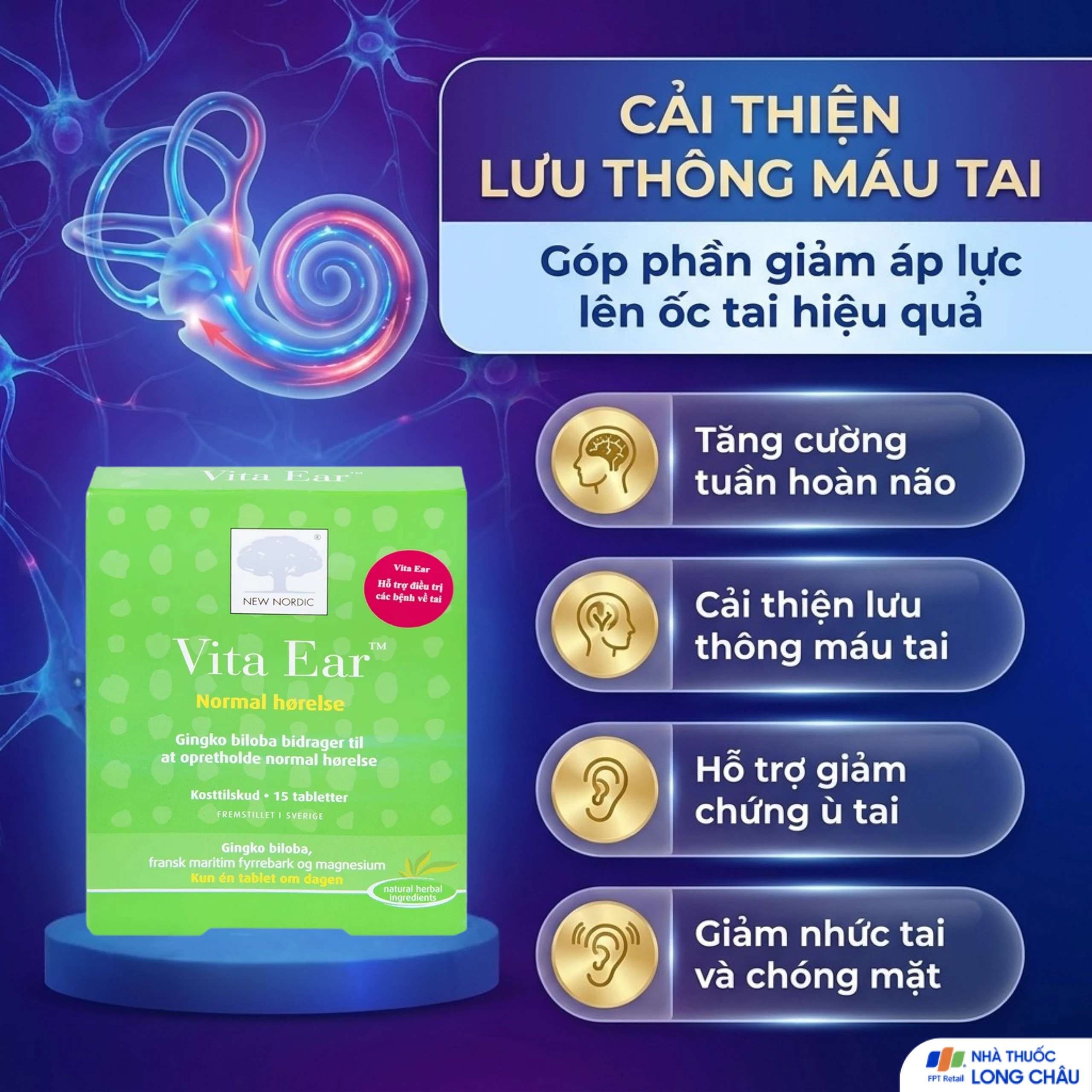 Viên uống hỗ trợ các bệnh về tai, giảm ù tai, tăng cường thính giác Vita Ear New Nordic (15 viên) 5