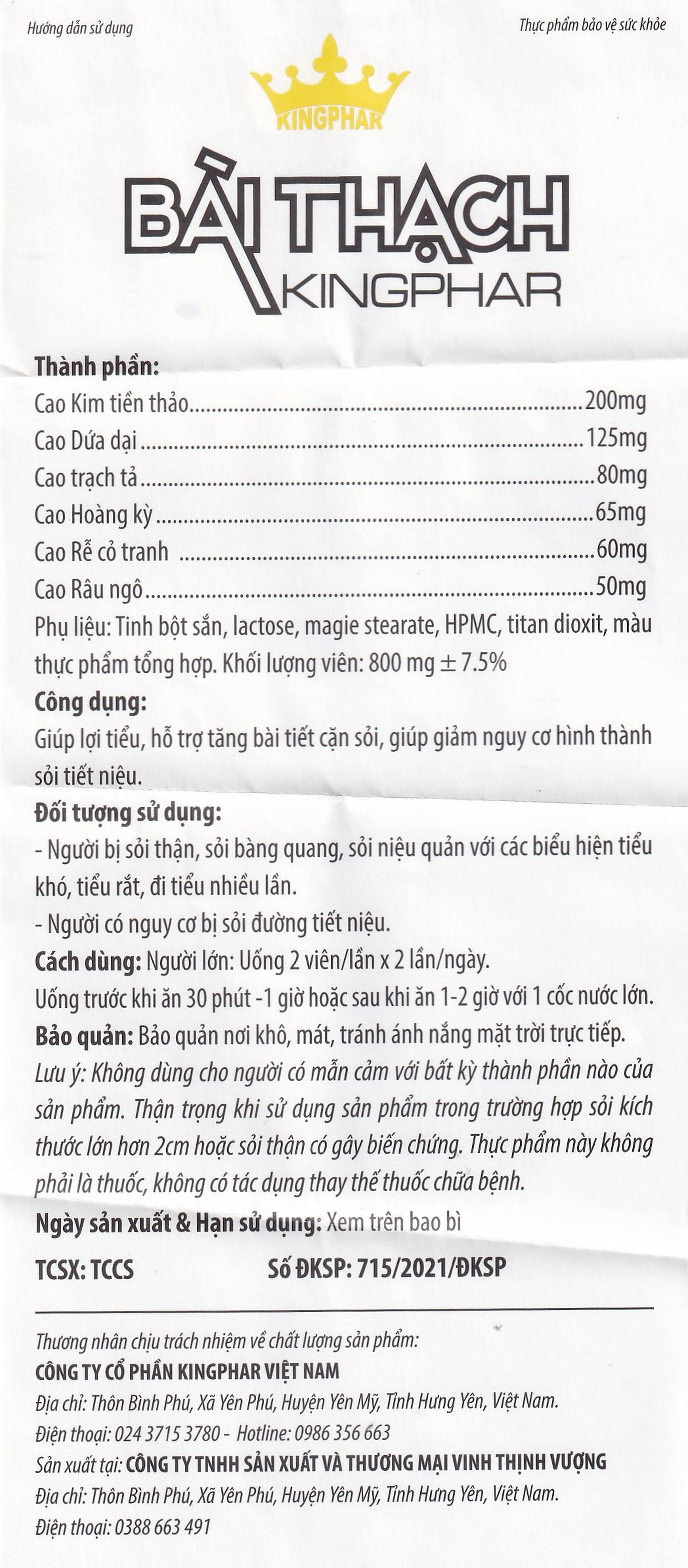 Viên uống giúp lợi tiểu, hỗ trợ bài tiết cặn sỏi giảm sỏi tiết niệu Bài Thạch Kingphar (60 viên)